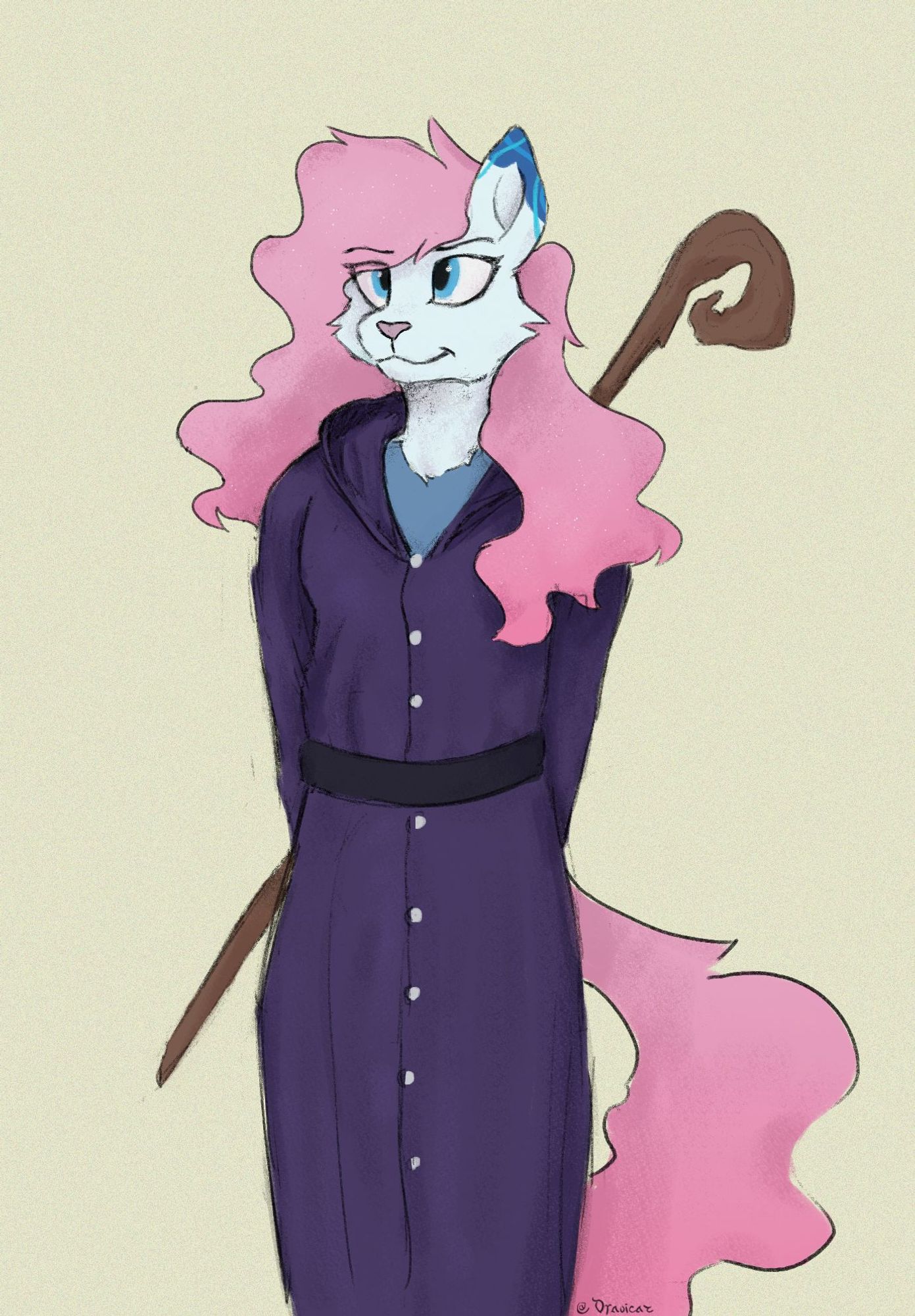 Anthro white cat with pink hair dressed in a purple cloak, putting her arms behind her back and carrying a wooden staff with her