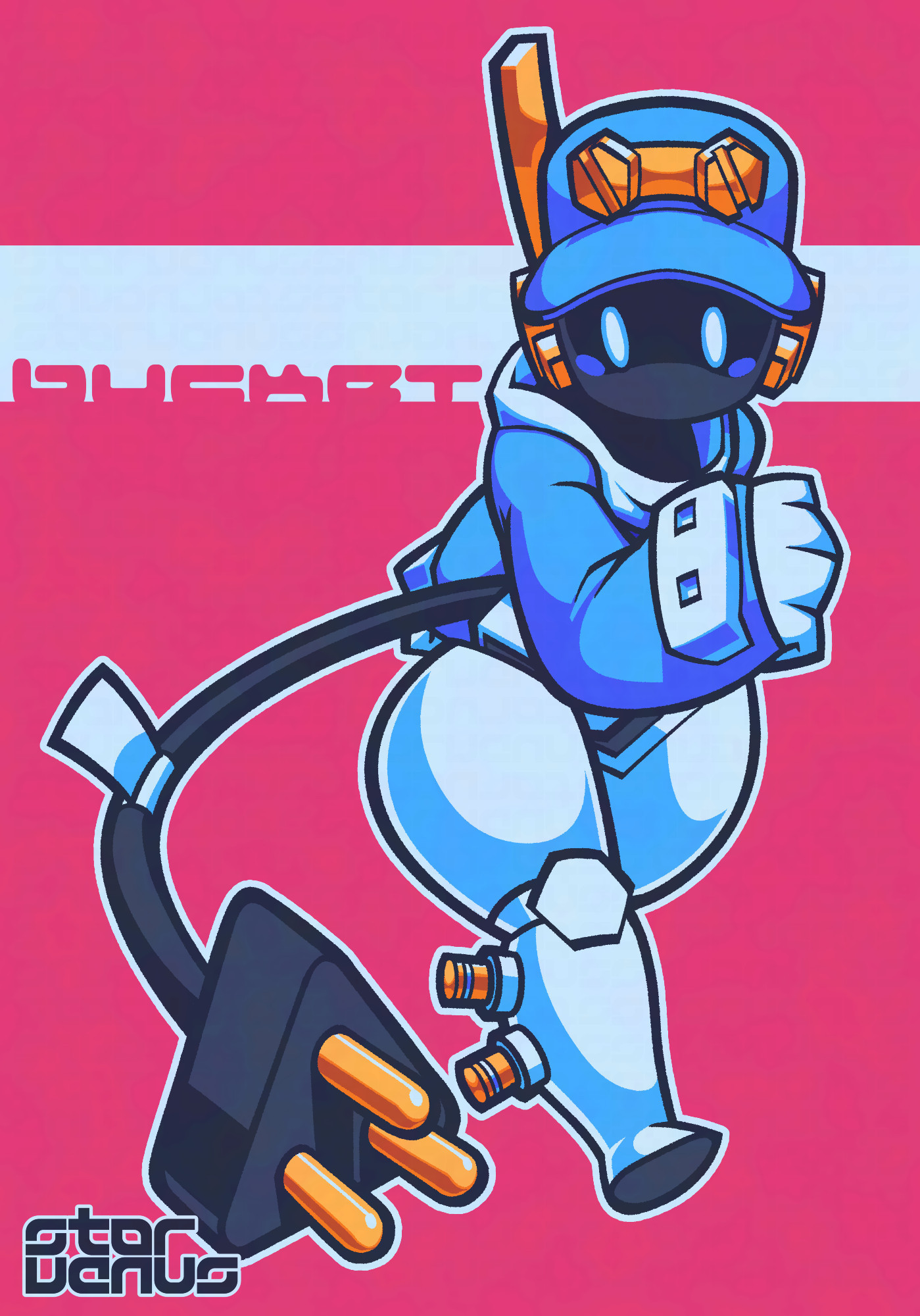 A robot is running in a diagonal direction, with their plug-tail flinging in front. The robot is wearing a blue baseball cap decorated with golden bolts and a plate, along with a blue sweater with a white hood. There's background text saying the character's name, "Bucket".