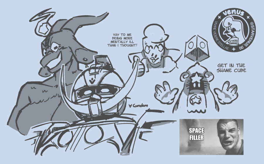 A monochromatic sketch page.
In a clockwise order:
Cass, an avian furry, has her face melting off in a comedic fashion. The text next to her reads 'Yay to me being more mentally ill than I thought!'
Merlee from Paper Mario: The Thousand Year Door from a downward and menacing angle, with a hollow box above her head. The text next to her reads 'Get in the shame cube.'
A normal image of a man creating a hysterical face in reaction to an oncoming tornado. There is text over the tornado, reading 'SPACE FILLER'.
A headshot illustration of the Turn A Gundam, with its name written next to it. Its chest-piece and shoulder guards are visible.
A cartoon depiction of the deity Baphomet, looking down towards the camera and giving a smug expression.