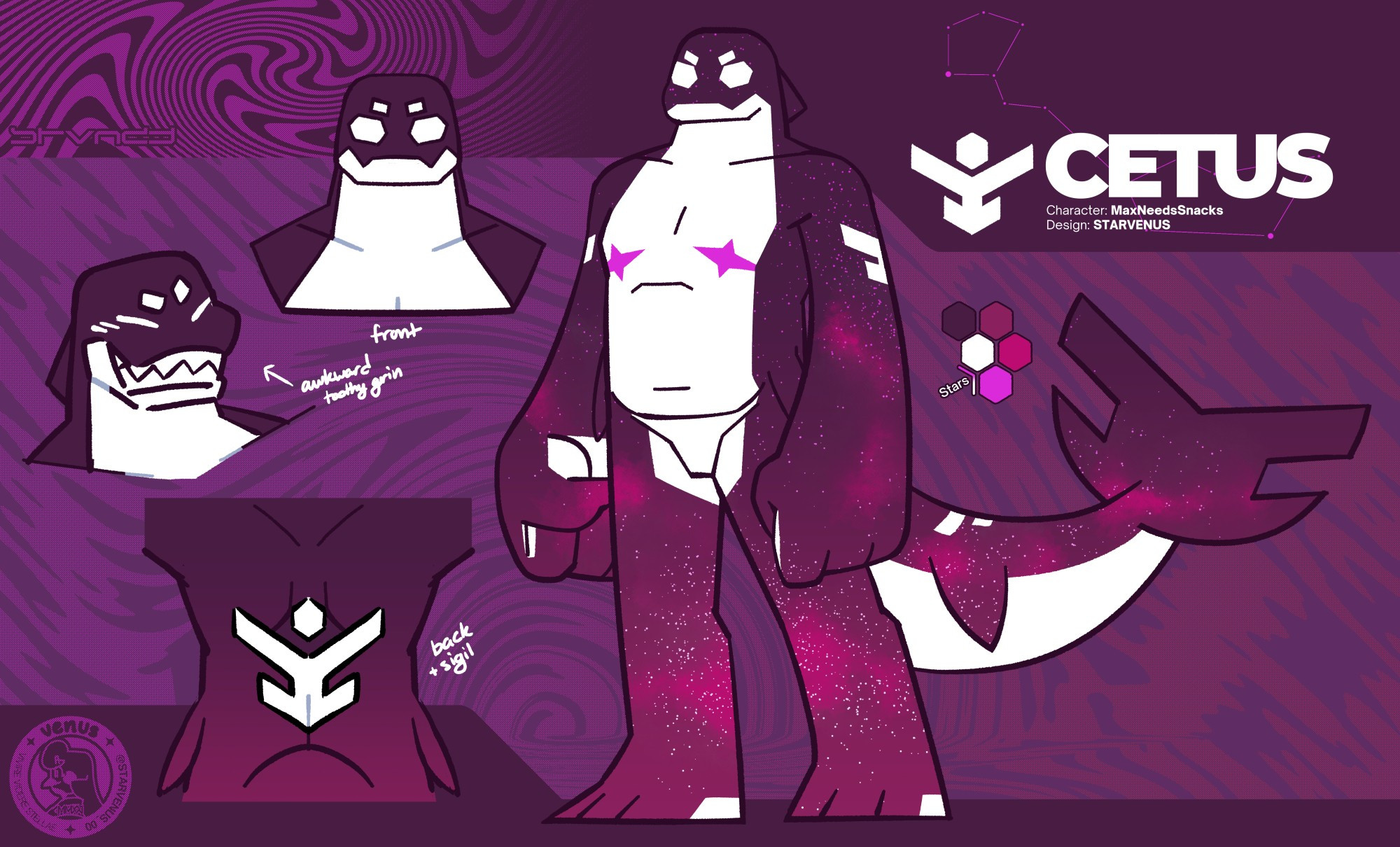 A reference sheet for a space-themed anthropomorphic Orca, Cetus.
There are three sketches to the left, detailing specific aspects of the design including: the front-facing view, a smiling expression (noted as a "awkward toothy grin", and a view of its back.
To the right is a full-body illustration of Cetus, which showcases the exaggerated features and body type at a 3/4ths angle.