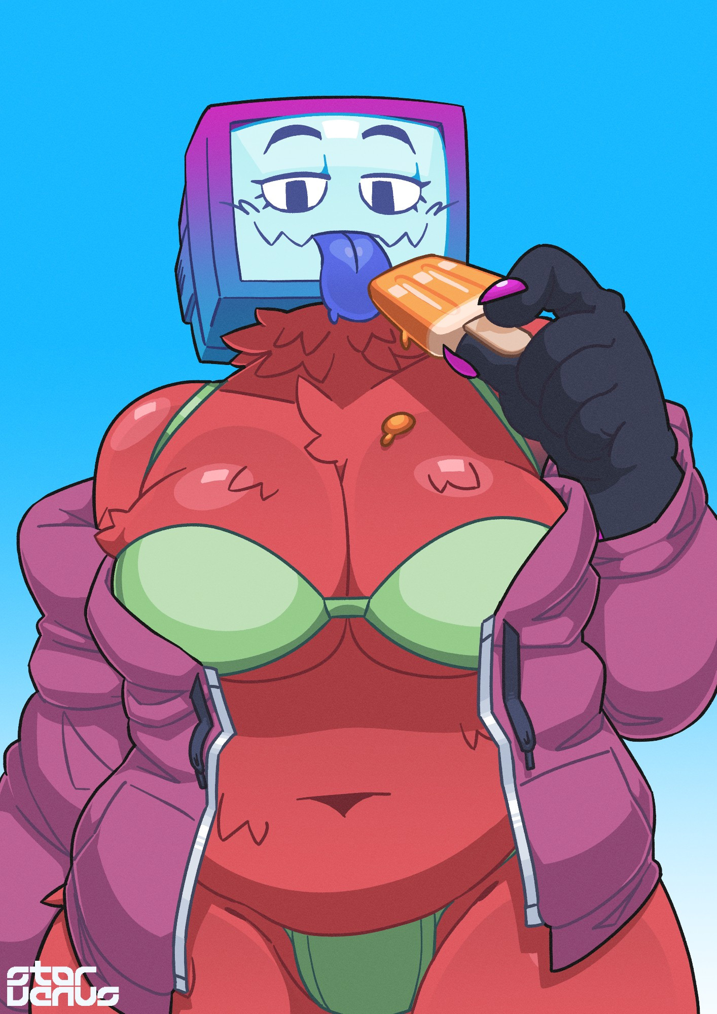 A female version of Pyrocynical's mascot (A fox-like anthro character with a TV head and bone-like arms; wearing a purple hoodie) in a bikini and pulled-down hoodie, suggestively licking a orange popsicle.