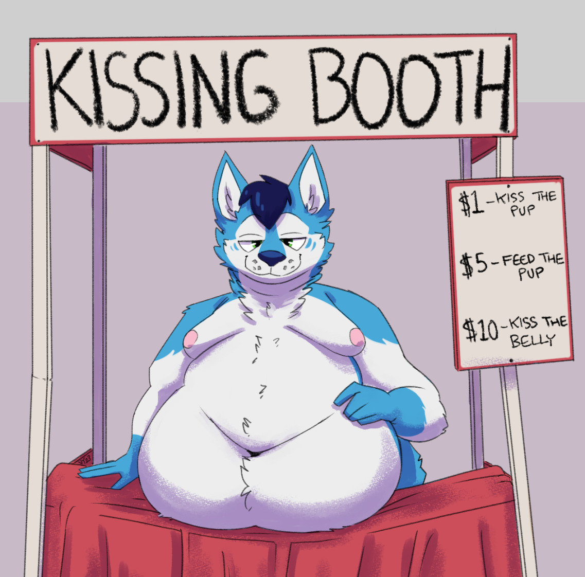 A wusky has their belly resting on a table. The sign above them reads "Kissing Booth"