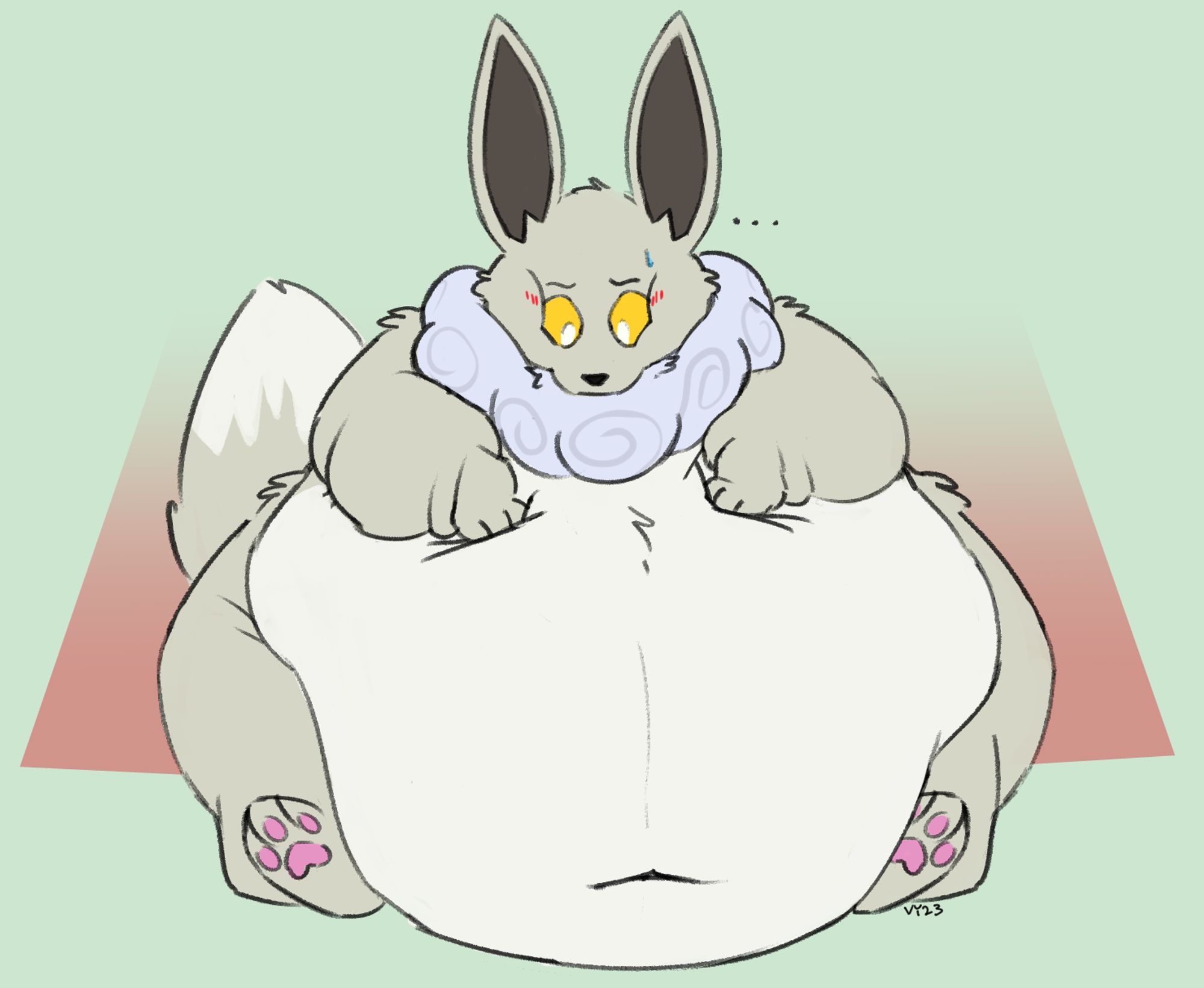 A very round, obese eevee pushes their paws into their soft tummy with a look of concern on their face