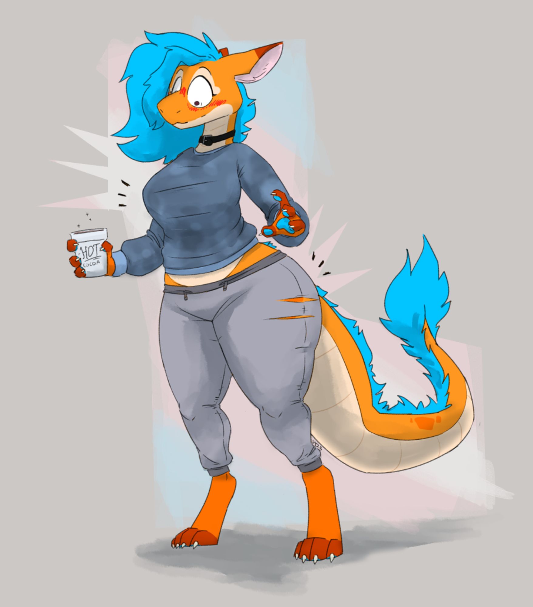 An orange dragon stands surprised at their sudden transformation into a girl, with their once loose sweater now tight across the chest and sweatpants ripping along the hips