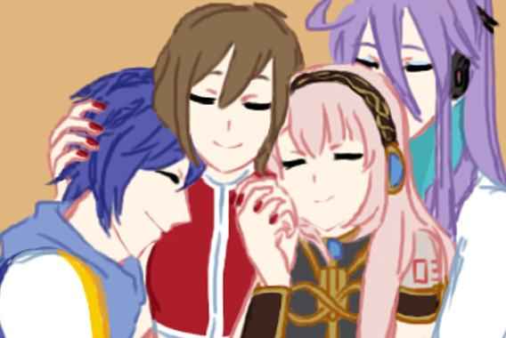 Shipping art of Vocaloids Kaito, Meiko, Luka, and Gakupo smiling and holding each other, with Kaito and Gakupo on opposite ends, and Meiko and Luka in the middle. Luka and Kaito each lean on one of Meiko's shoulders. Meiko and Luka are holding hands by their faces, and Meiko's other hand is holding Kaito's head. Gakupo is leaning into the back of Luka's head with his arm around her.