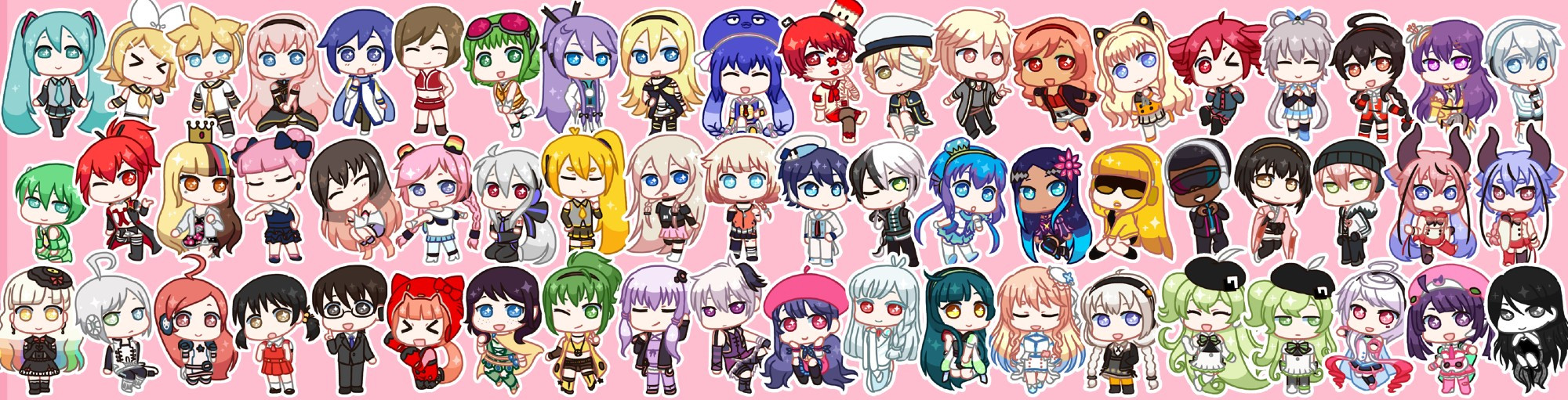 60 Vocaloid chibis, each with a white outline. Pictured are Miku, Rin, Len, Luka, Kaito, Meiko, Gumi, Gakupo, Lily, Una, Ryuto, Cul, Galaco, Chika, Kokone, Rana, Haku, Neru, IA, ONE, Mayu, Piko, Miki, Yuki, Kiyoteru, Iroha, Avanna, Sonika, Yukari, Flower, Fukase, Oliver, Yohioloid, Ruby, SeeU, Teto, Tianyi, Ling, Qingxian, Yanhe, Moke, Longya, Lapis, Merli, Cyber Diva, Cyber Songman, VY1, VY2, Hime, Mikoto, Xin hua, Lumi, Zunko, Sora, Akari, Nana, Petit, Maika, Tone Rion, and Mew.