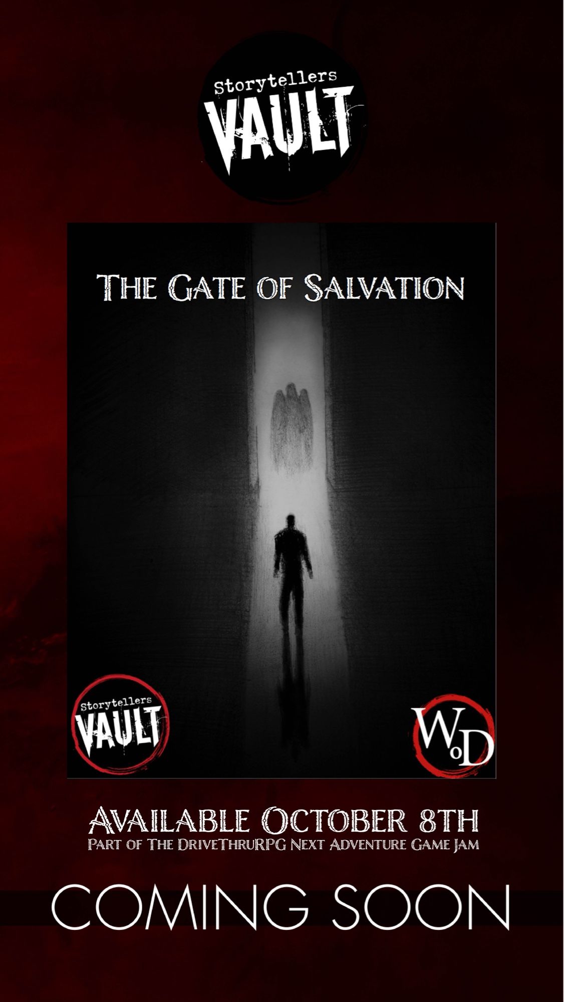 The cover of “The Gate to Salvation” an adventure for Vampire the Masquerade. A shadowy figure stands before a doorway with a dark angel shaped shadow before them.