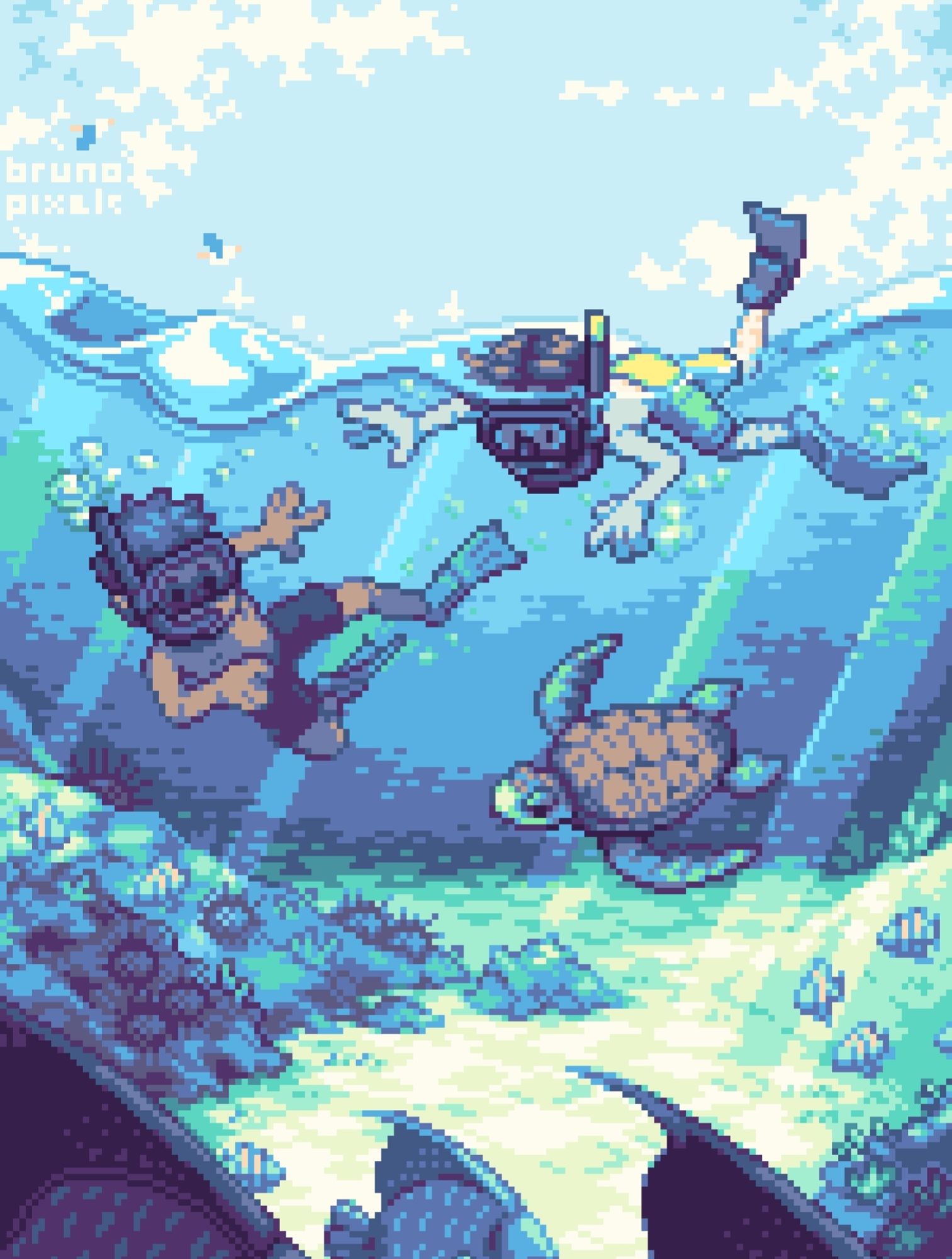 pixel art de dois mergulhadores debaixo d'água avistando uma tartaruga marinha. estão rodeados de peixes frade e peixes sargentinho