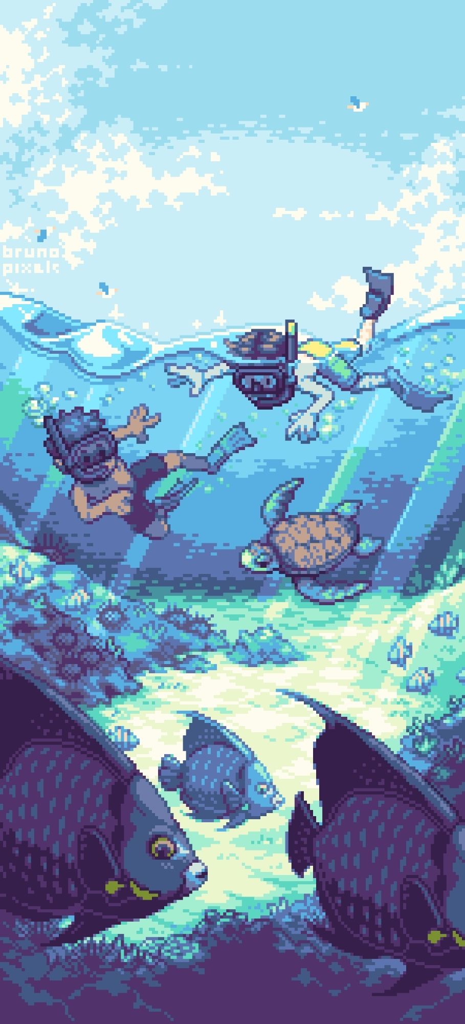 pixel art de dois mergulhadores debaixo d'água avistando uma tartaruga marinha. estão rodeados de peixes frade e peixes sargentinho