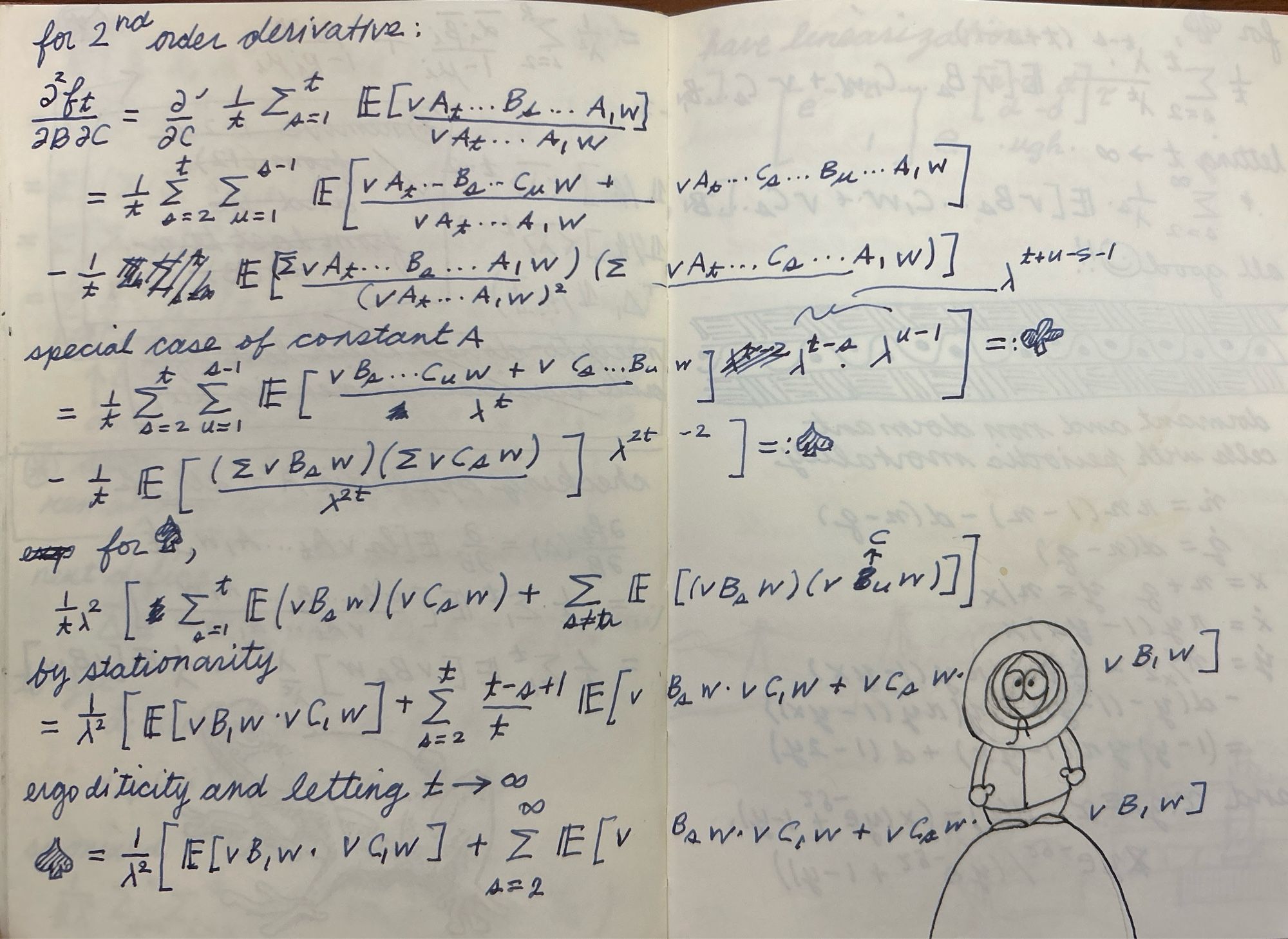 Page of hand written calculations with South Park Kenny looking on somewhat baffled