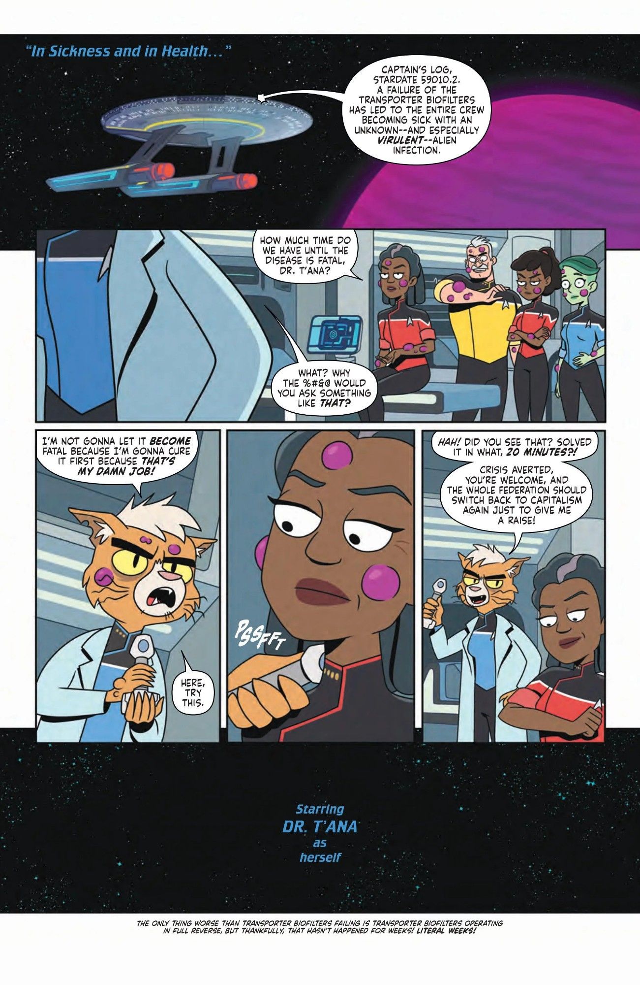 page 1!  I copied the script in but THERE ARE CHARACTER LIMITS so i'll just say the comic opens up with this fun gag of a bunch of Star Trek mysteries getting resolved really efficiently and quickly and which leaves adventure-craving Mariner craving adventure!!