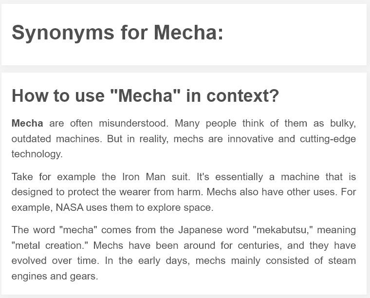 a thesaurus site for "mecha", conflating fictional robot suits and real life, blurring the idea of "mecha" to include "space suits", and throwing in some steampunk too.  sure, why not