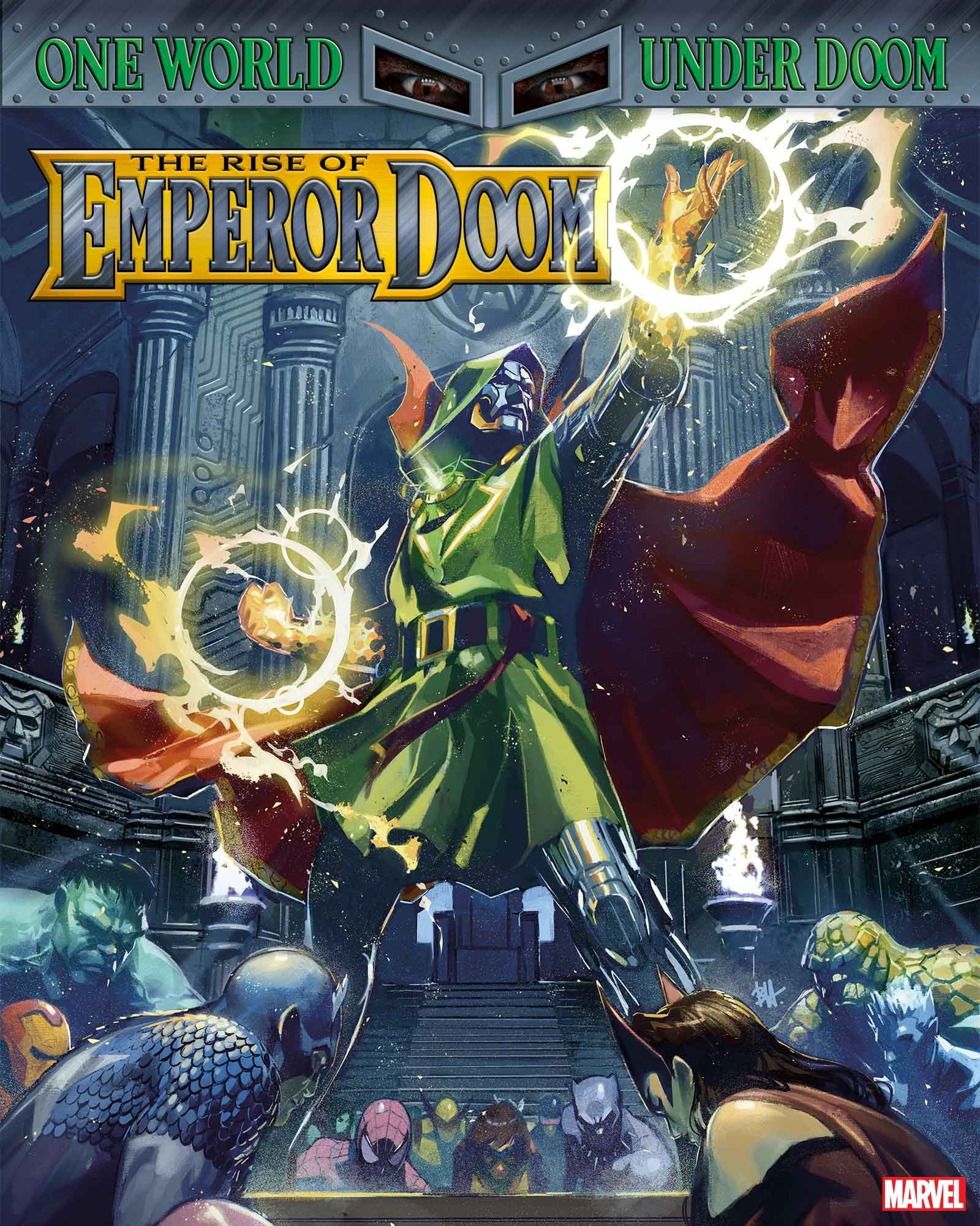 cover of the comic, everyone kneeling before Doom :0