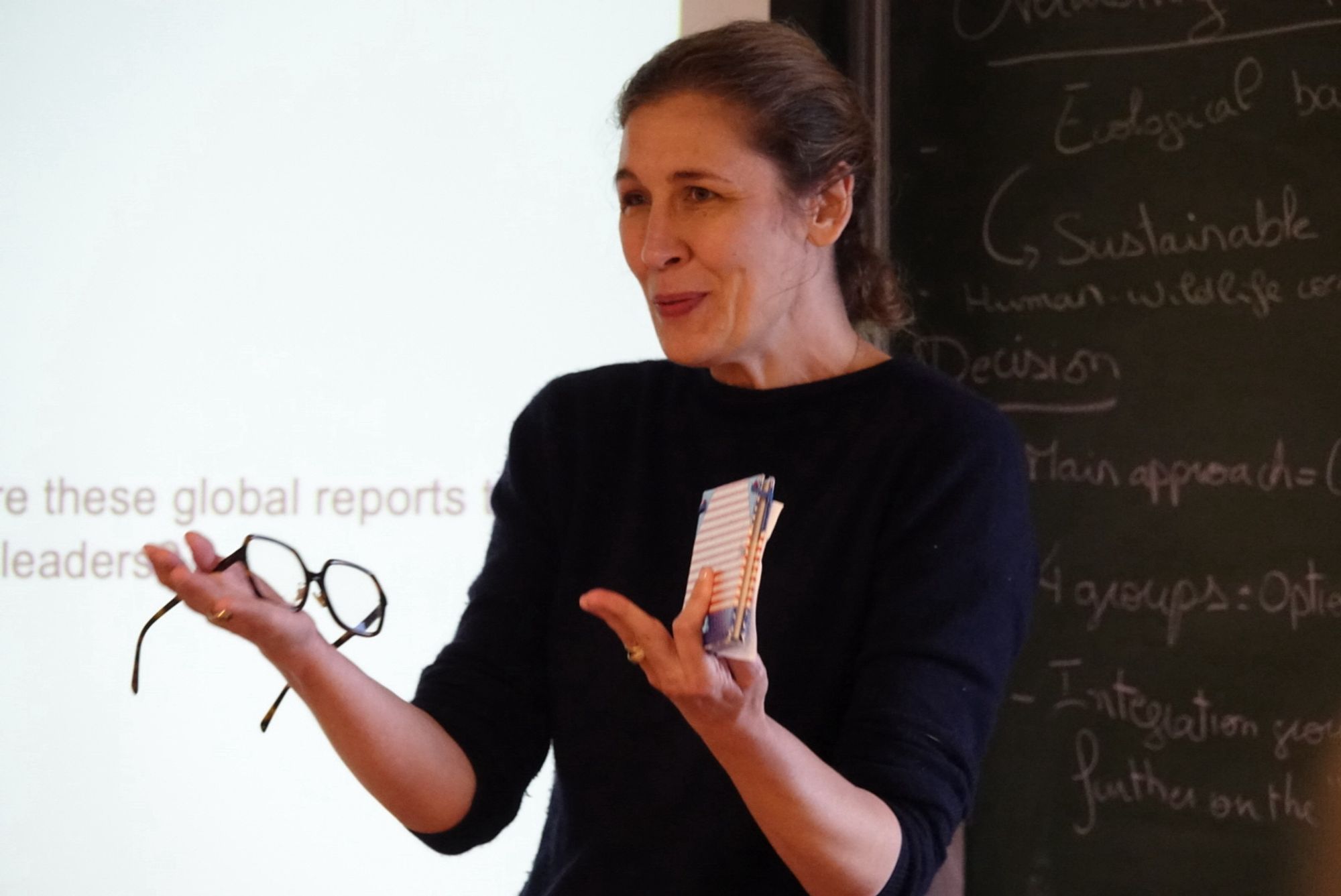 Julie de Bouville speaking in the lecture theatre in Peyresq