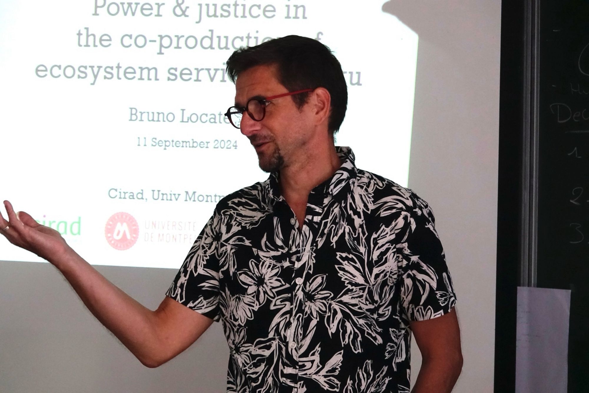 Bruno Locatelli speaking in the lecture theatre in Peyresq