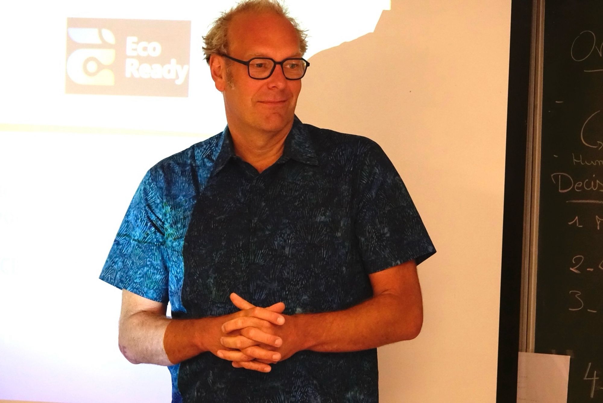 Nils Bunnefeld speaking in the lecture theatre in Peyresq