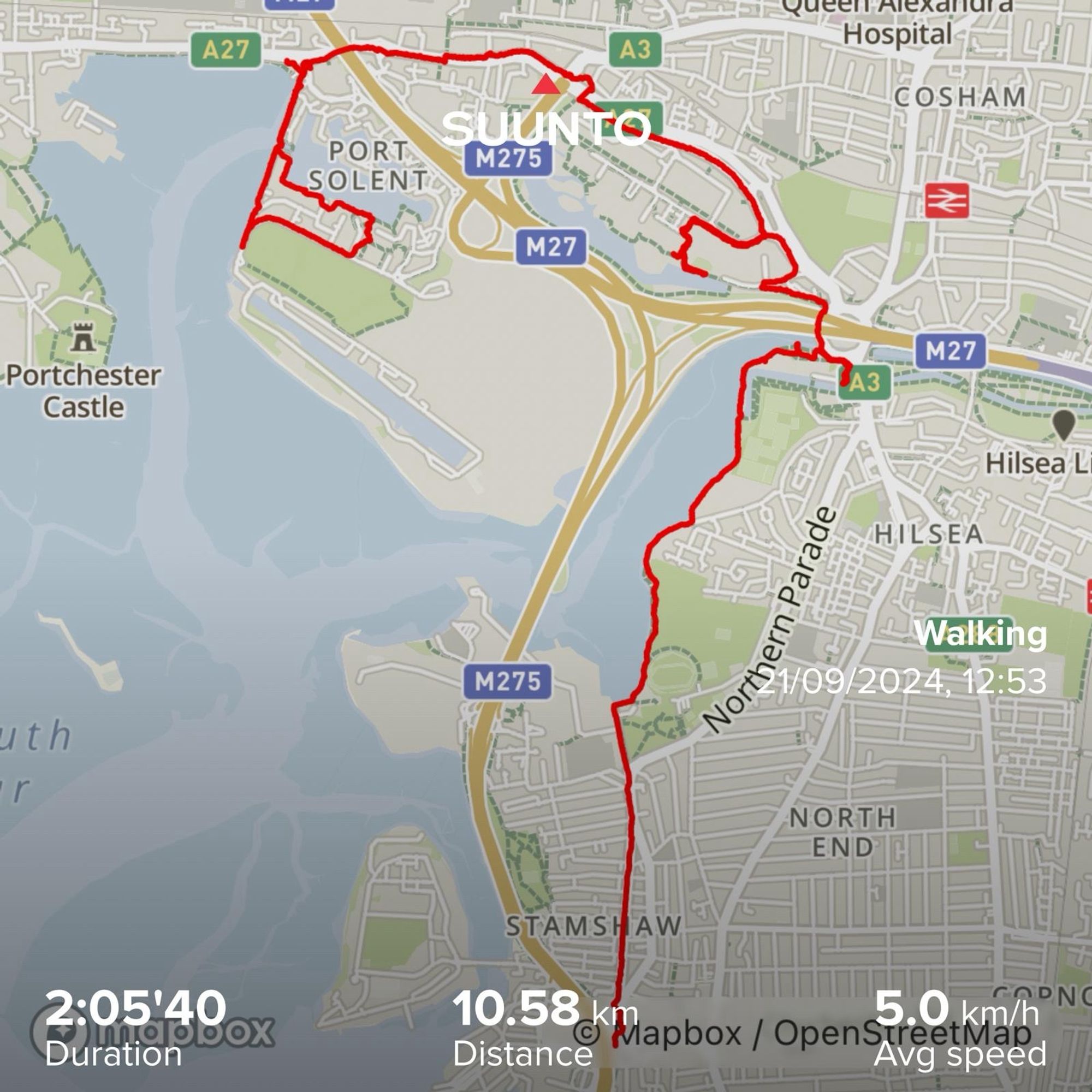 Map showing Amy's walking route along Portsmouth Harbour. Starting at Rudmoor Roundabout, then Tipner Lake, IMB Lake, A27, and Port Solent.