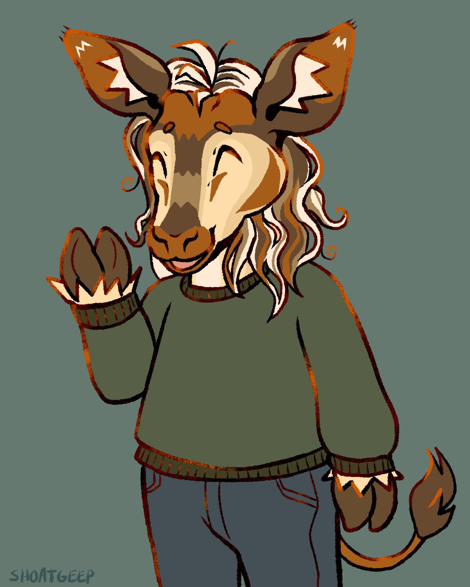 Second Standing Halfbody of Feature, the Okapi Creature, this time, waving hello. Art by shoatgeep.