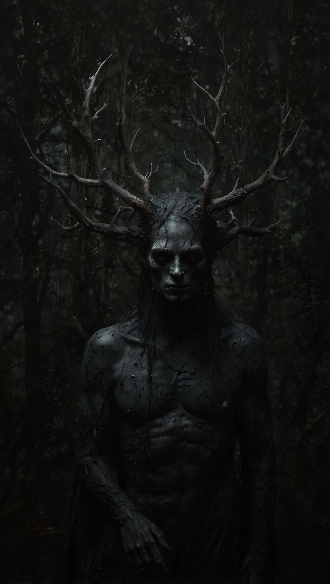 A muscular humanoid figure with dark, bark-like skin stands in a shadowy forest. Its head is adorned with large, twisted antlers, blending with the dense trees behind it, creating an ominous, almost mythical presence.