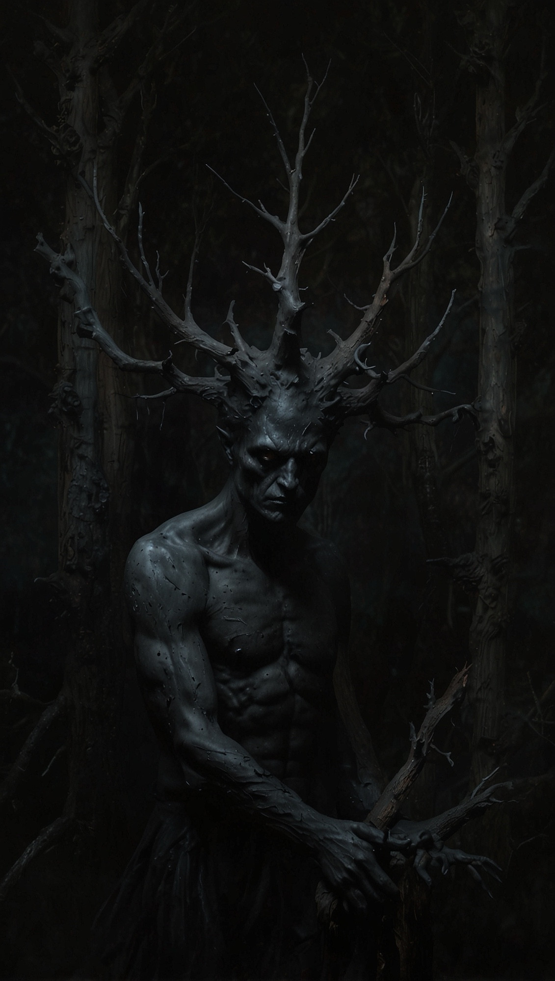 A muscular, humanoid figure with dark, rough skin stands in a shadowy forest, its head crowned with large, twisted branches resembling antlers. The eerie figure clutches a gnarled stick, blending with the ominous woodland surroundings.