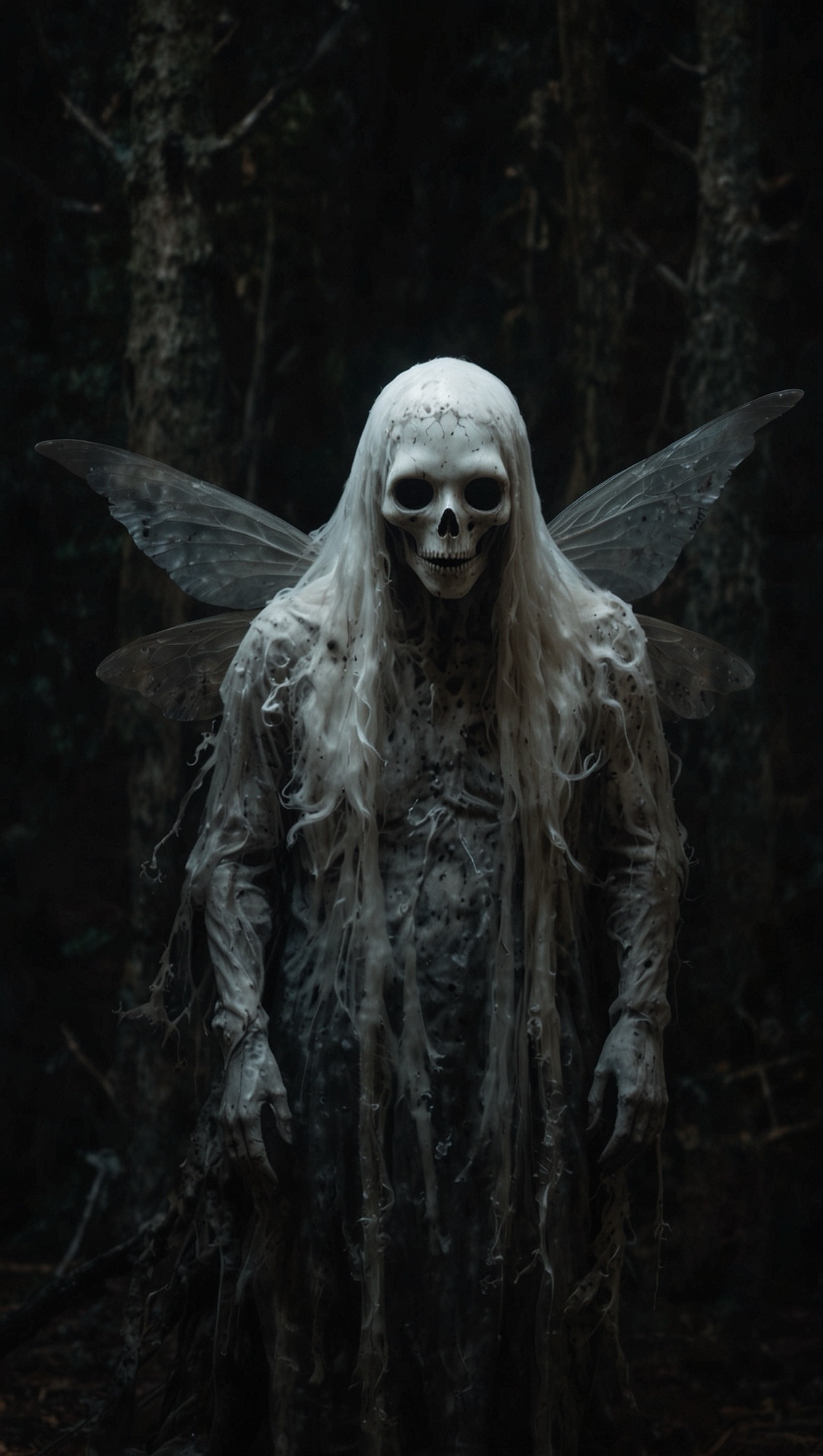 A haunting figure with a skeletal face and long white hair stands in a dark forest. The figure has tattered wings and is dressed in decayed, ragged clothing, blending into the eerie surroundings.