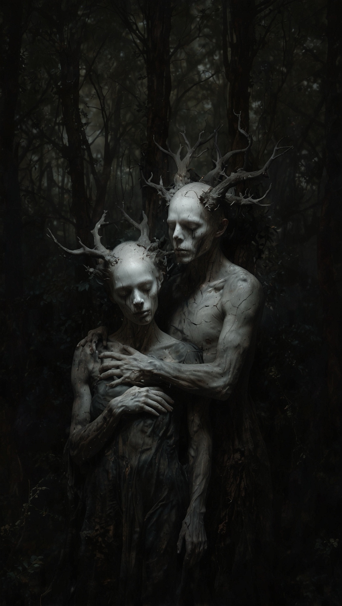 A dark, eerie scene featuring two humanoid figures with pale skin and antler-like branches growing from their heads. The taller figure embraces the other from behind, both standing in a shadowy forest, their bodies blending with the twisted surroundings.