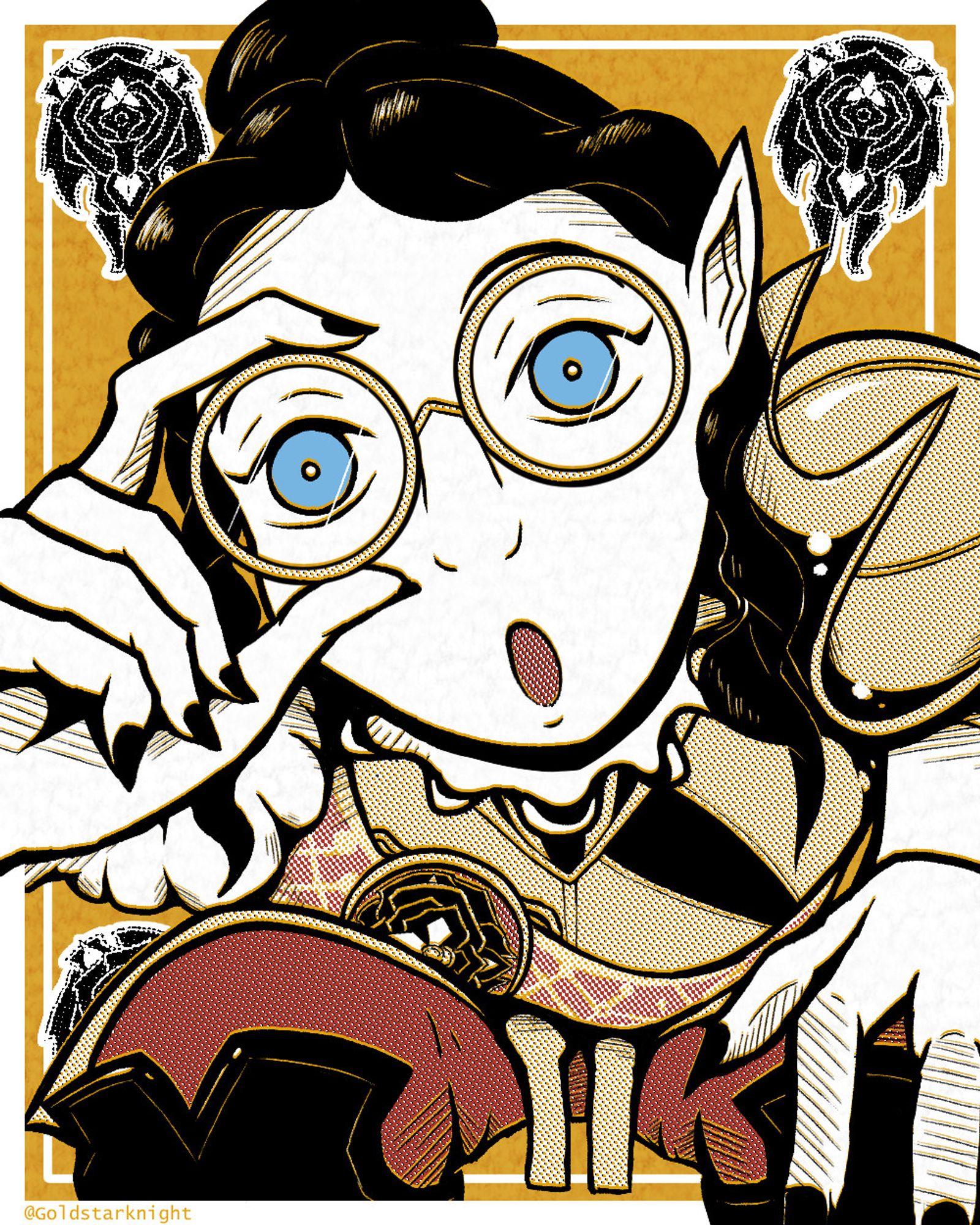 Amalia Benavides Aguirre from Magic: The Gathering's Lost Caverns of Ixalan rendered in an manga-adjacent style.
She is cowering, adjusting her glasses and looking at the viewer with a curious expression, leaning outside of the white frame.
Her armor, pants and decorations are use screen tones for colour. Her eyes are a flat blue and her skin is white with a slight paper texture. The thick, black outlines and contours are emphasized with a yellow/gold colour that is slightly and the background is the same colour with a paper texture overlaid onto it.
The sigil of the Dusk Rose is visible in each of the three corners (top left, bottom left and top right) that are not obscured by Amalia.