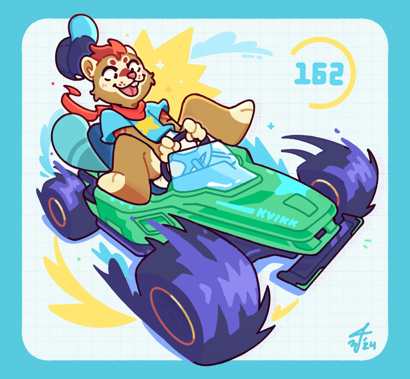 Digital furry art depicting some serious vroom vroom racing! Kvikk is racing in a downscaled version of the Trackmania car with green body and purple wheels, making it look like a spin on Mario Kart. The artistic style is cartoonish, with minimalistic looking sparks, speed lines and smoke as well as a speedometer, all on a white background with a light blue border. No racing suit for Kvikk but instead a red scarf, a hat that's about to fly off, a light blue t-shirt with a yellow star motive, and a diaper. No pit stops needed!