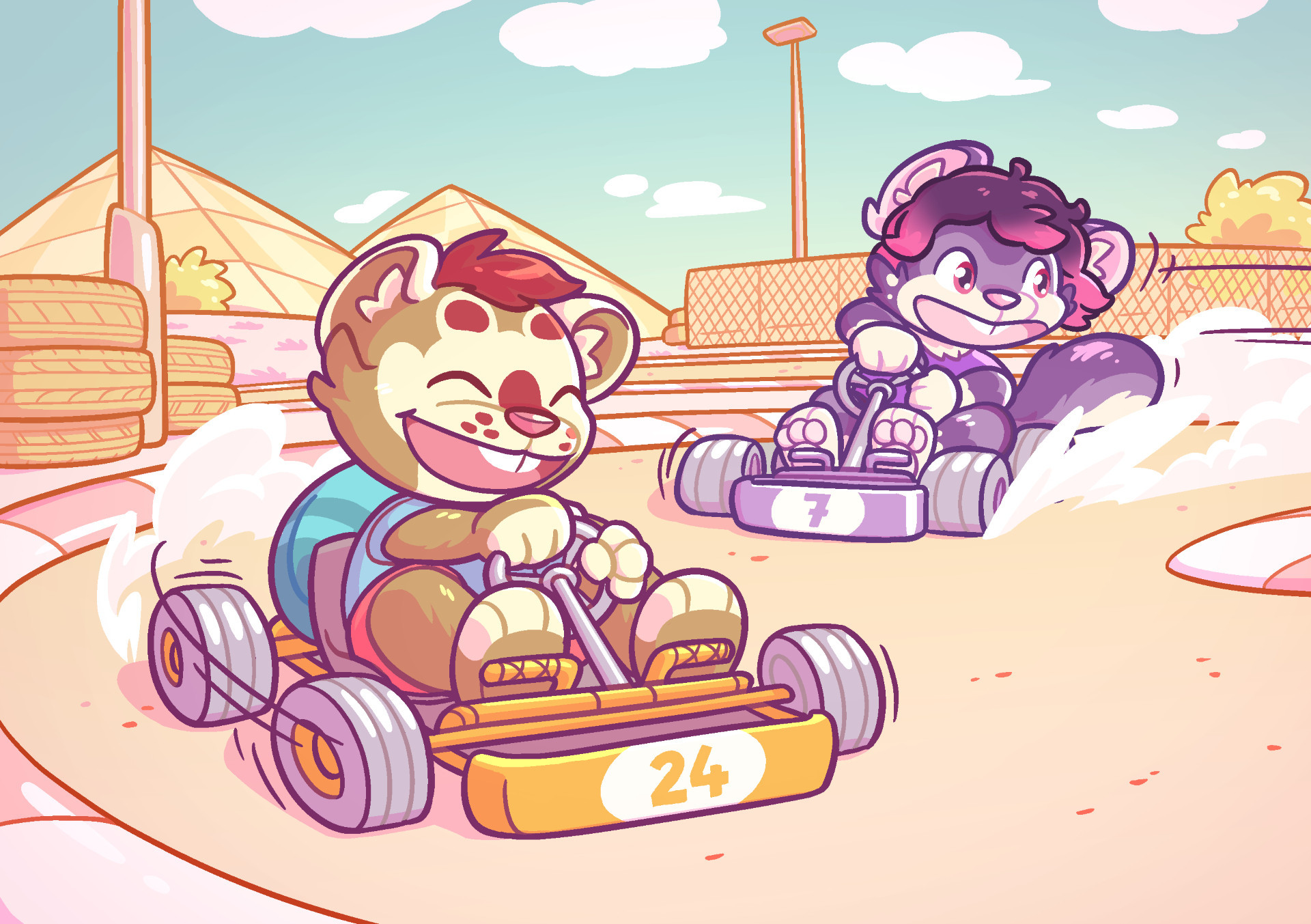 Kvikk and Thorpen racing on go-karts, sliding around a corner on a desert track with pyramids in the background