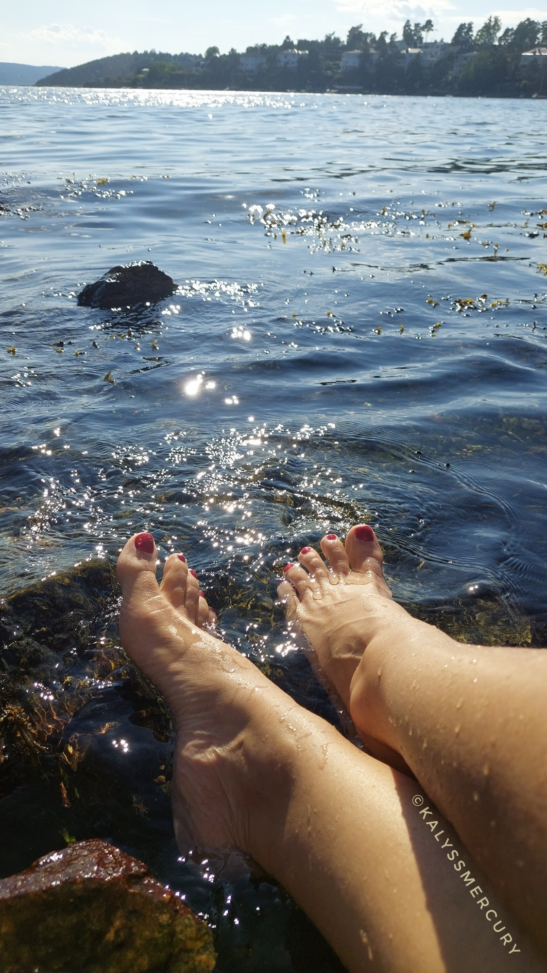 Mistress Kalyss Mercury's red nail polished toes splashing on a rocky beach in Norway