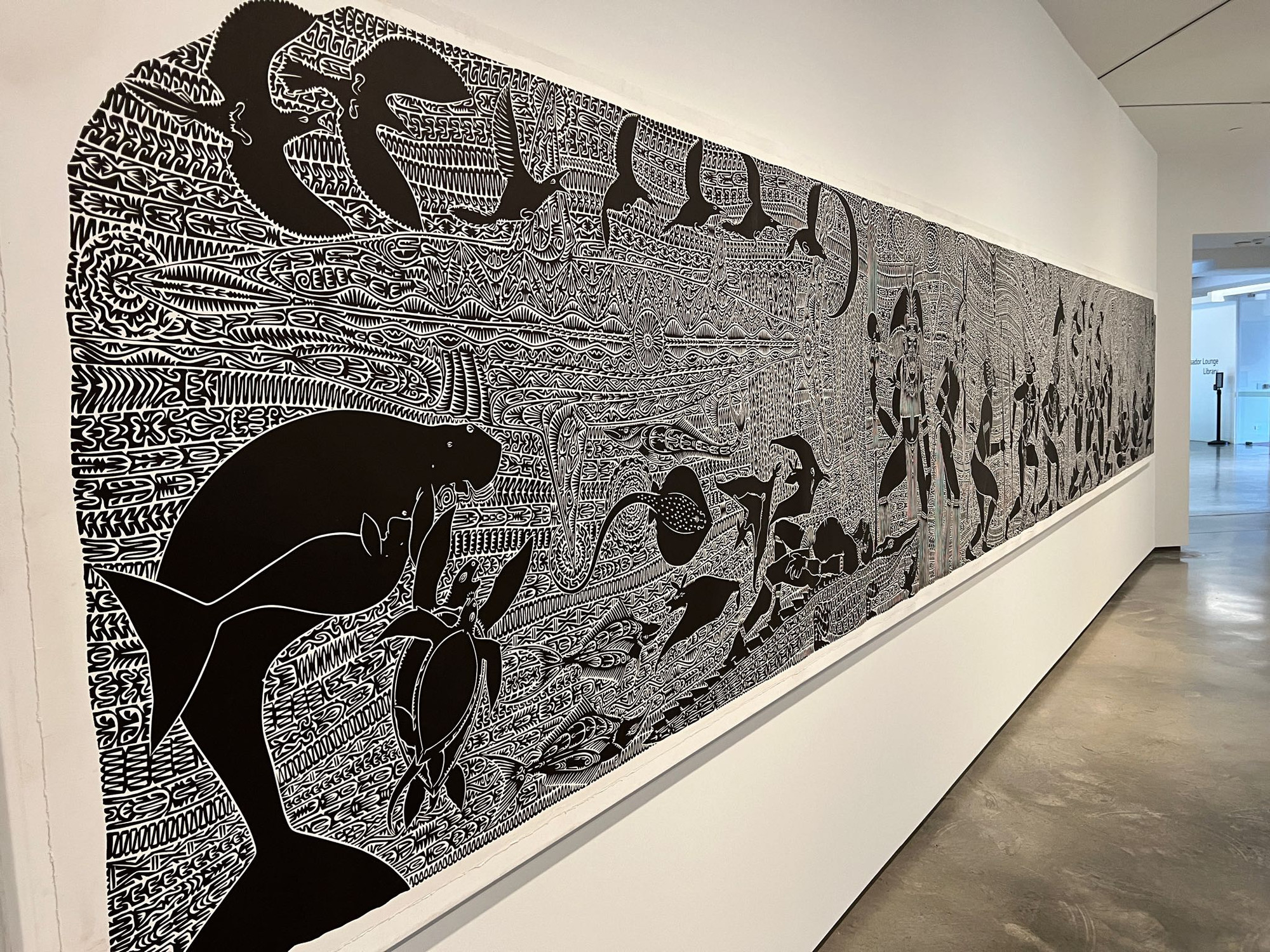 The previous image in context: one end of a single roll of paper relief printed with a corresponding roll of lino many metres long, mounted on canvas and hung in the Museum of Contemporary Art.