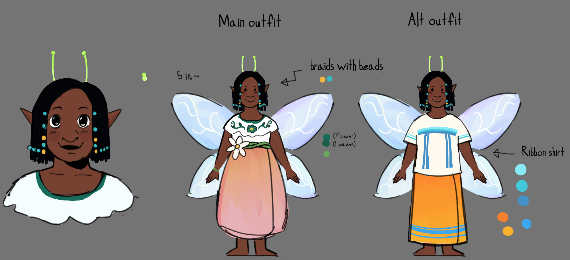 Reference sheet with a headshot of a 7 year old black fairy with short beaded braids, next to a full body drawing of her wearing a blouse and skirt + and another alternate outfit with a ribbon shirt and ribbon skirt