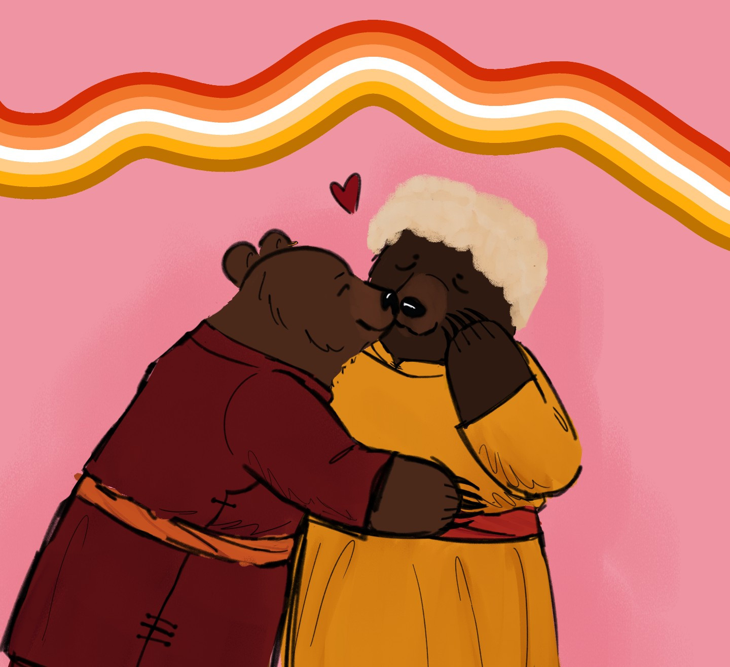 Drawing of two anthro brown bears wearing Mongolian deels and embracing with a heart above them. Behind them is a curling butch lesbian flag. (These are anthro versions of my OCs Michid and Tseren)