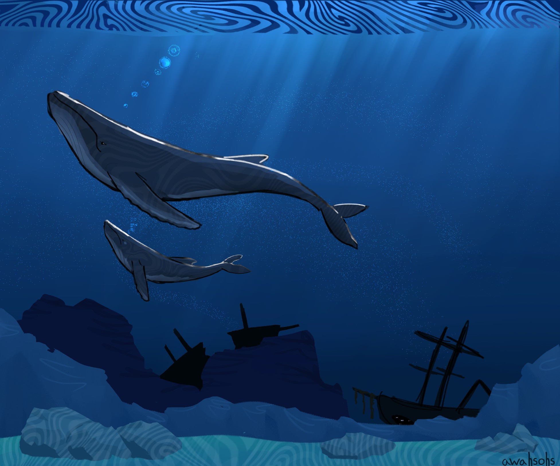 Illustration of a humpback whale and her calf swimming above a  seafloor with heavily stylized dappled sunlight. There are two distant shipwrecks in the background