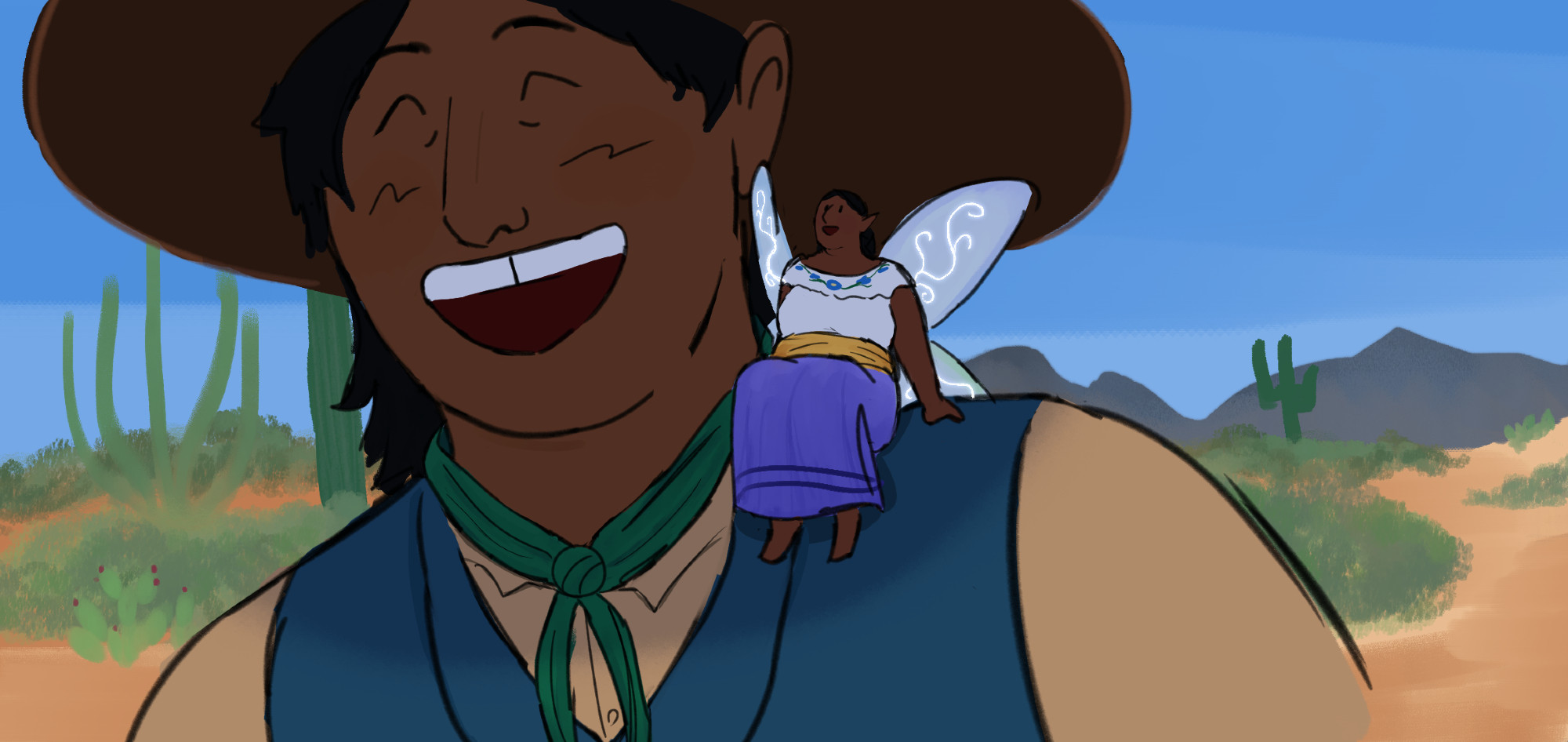 Illustration of a butch fairy in human disguise standing against a desert background and laughing with her femme fairy fiancée sitting on her shoulder