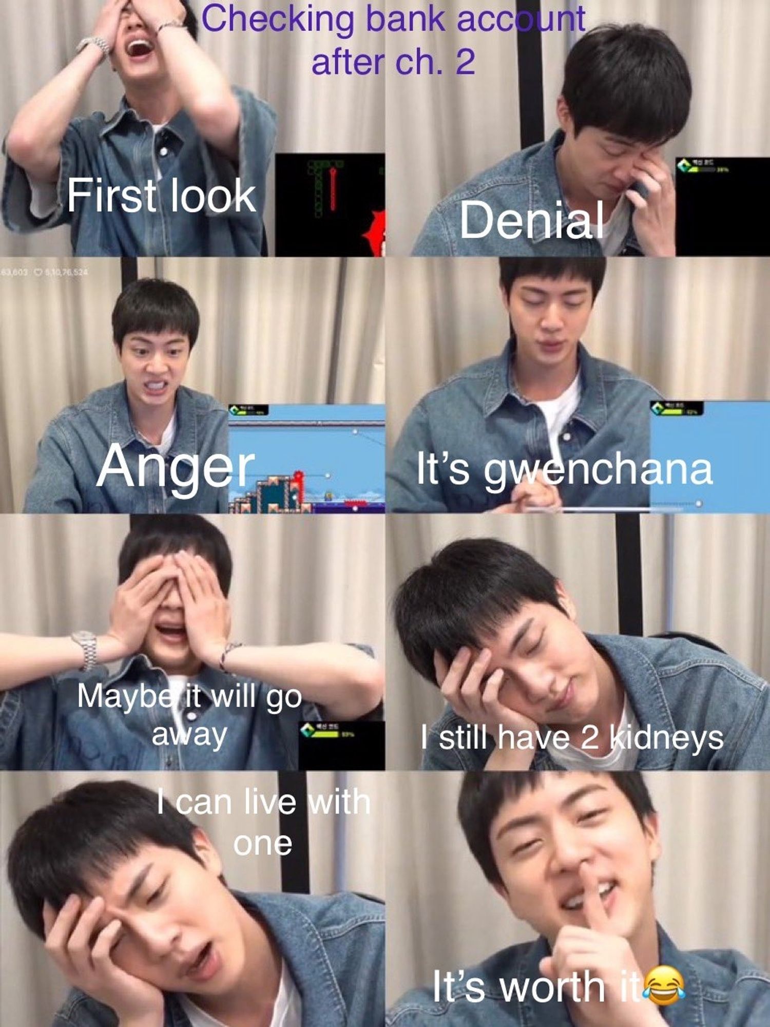 BTS Jin's various faces as he plays video games.