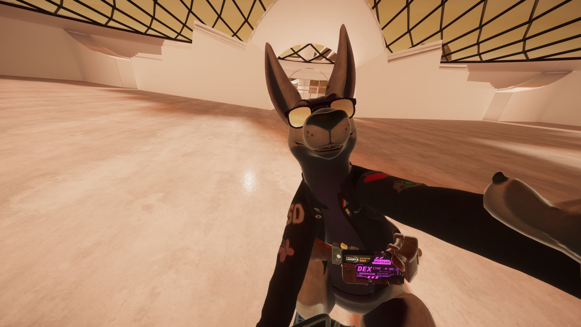 vrchat screenshot, a a roo standing in a low poly untextured version of the delightville spaceport/umbra market