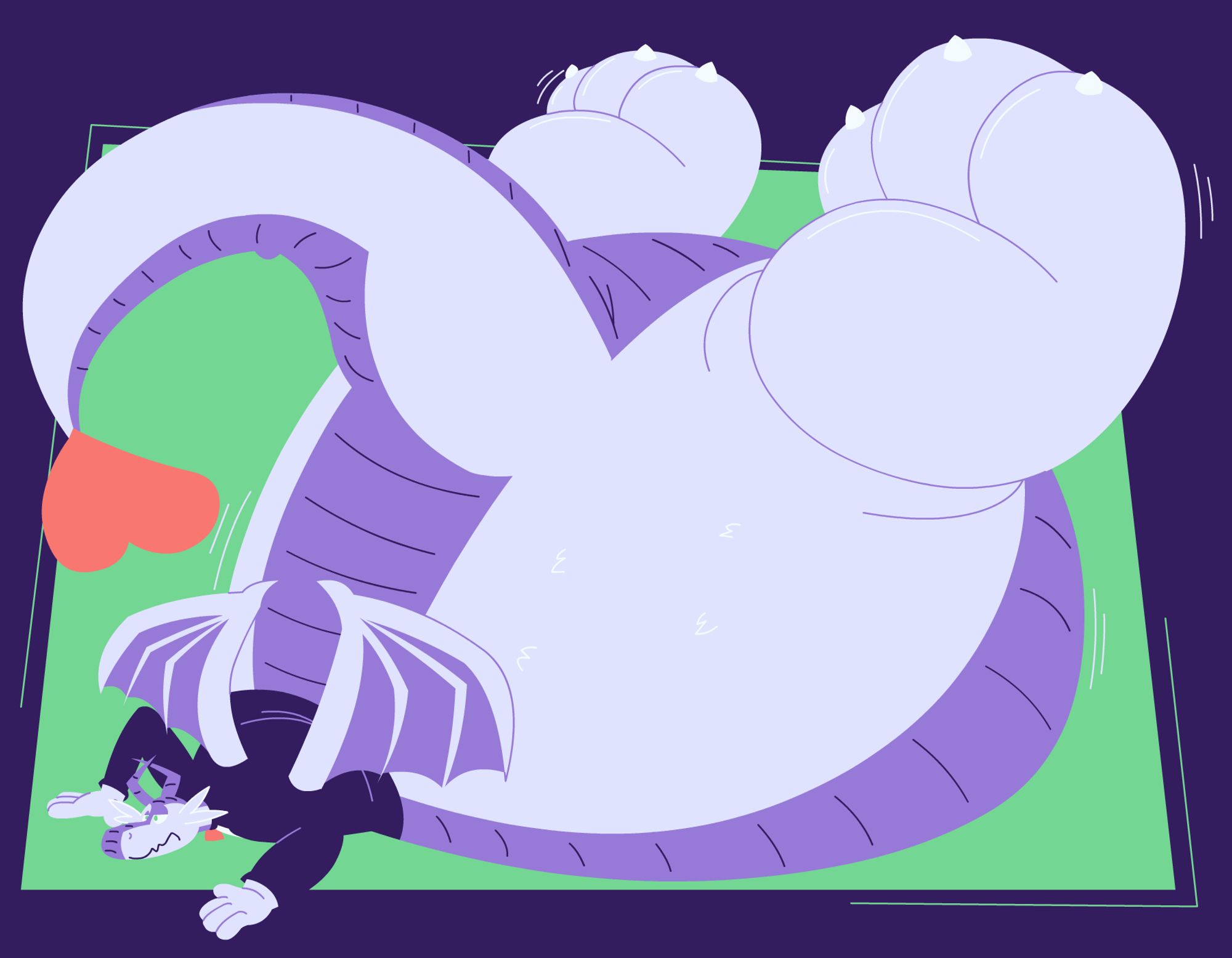 a dragon wearing a suit who's lower body has become inexplicably large and round, including overinflated paws