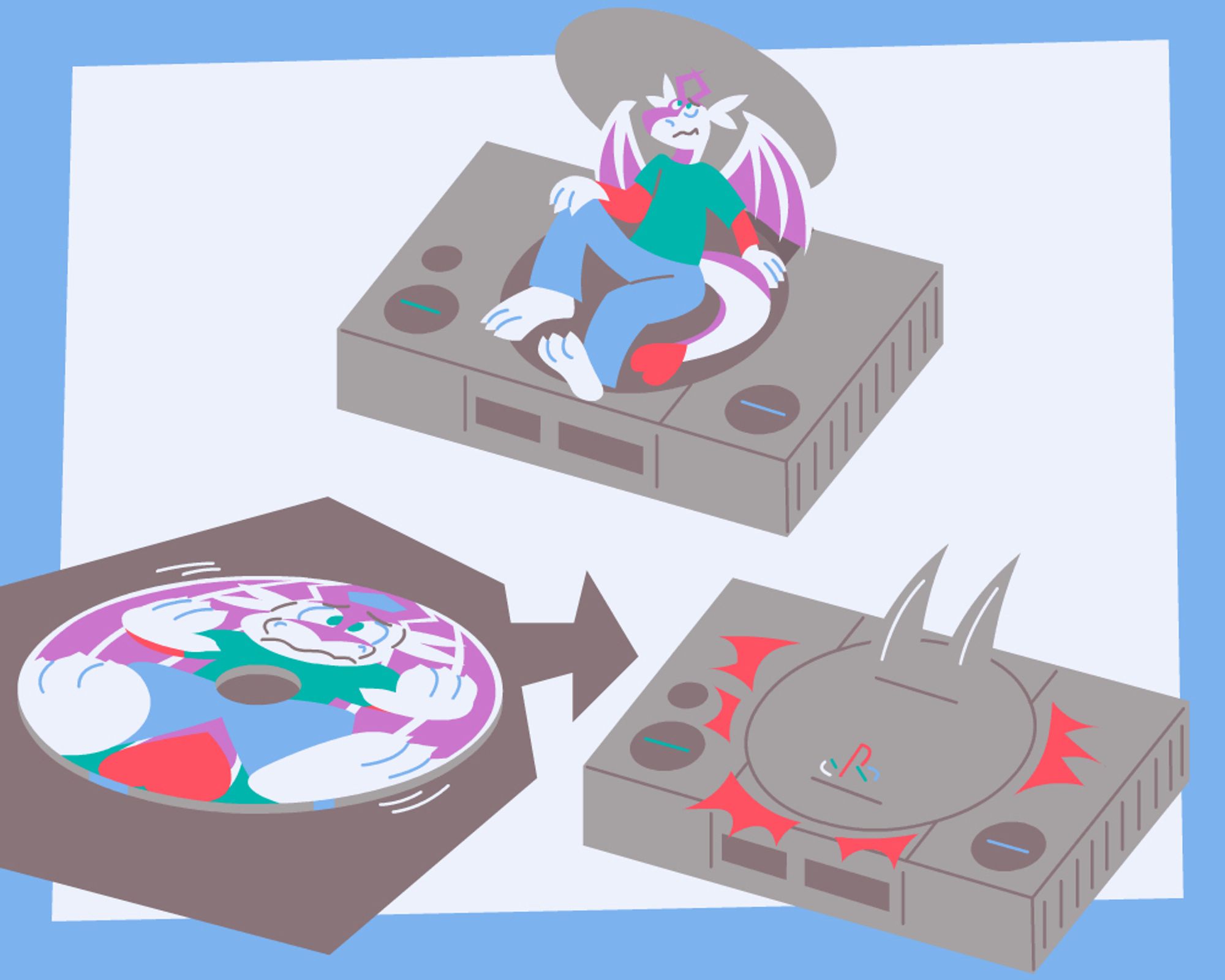 PANEL 1: a small dragon sitting in the open disc tray of an original PlayStation 1.
PANEL 2: the disc tray lid suddenly closes. There is a view of the inside of the console, now showing the dragon squished into the shape of a CD.