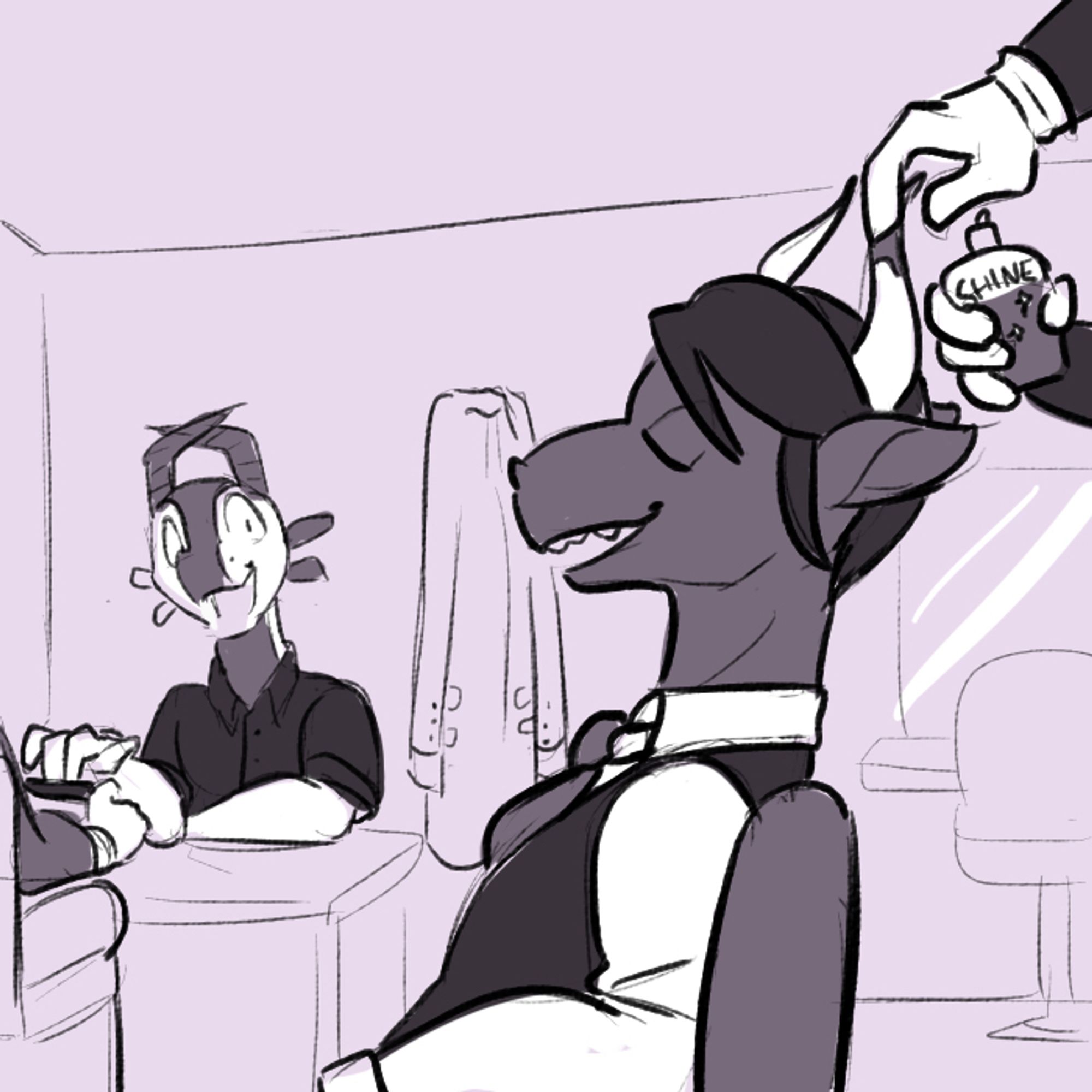 A dragon having their horn polished in a spa, as another dragon getting their claws done looks on.