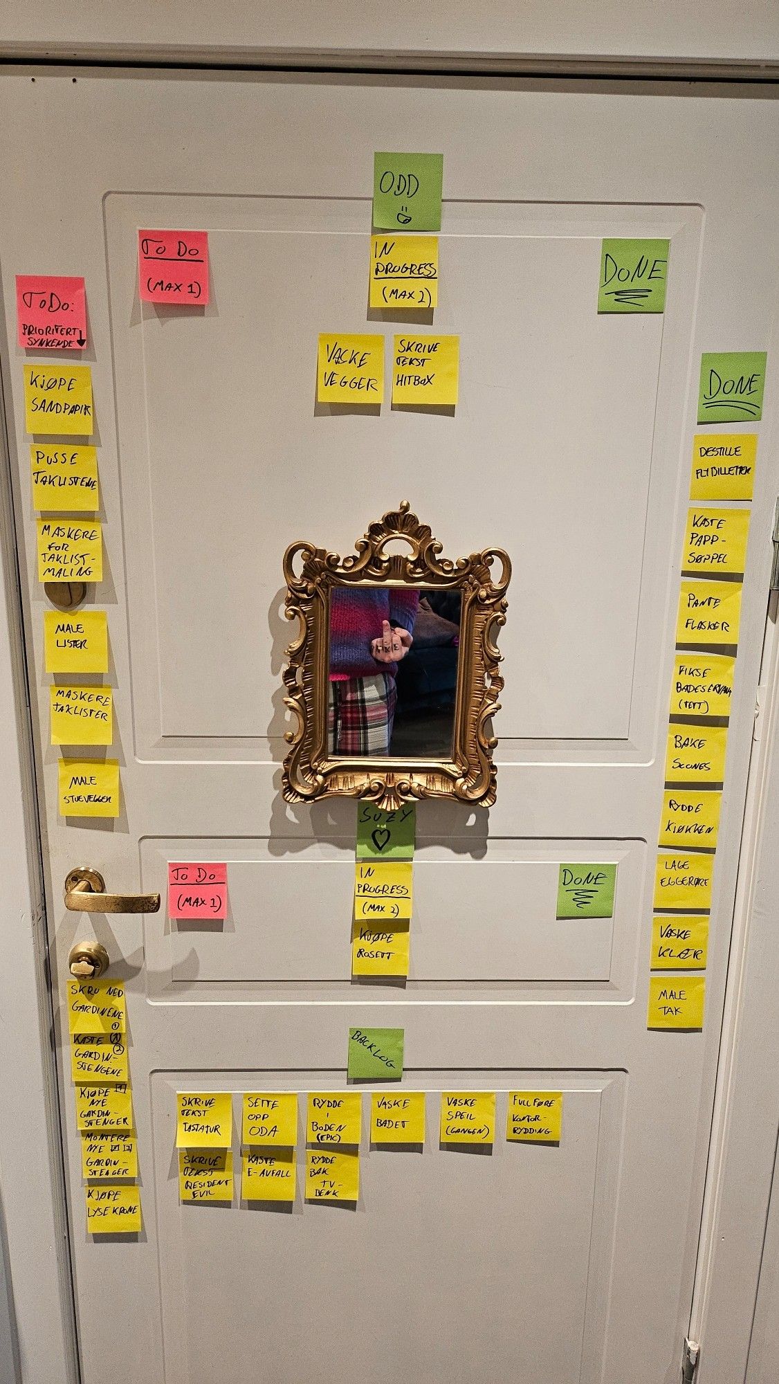 Inngangsdøra vår, som er dekt i post-its i forskjellige farger. De danner et kanban-brett med ulike kolonner. 

De er:
* en prioritert todo-liste til venstre
* et mindre kanban-brett for meg (Odd) øverst på døren delt inn i: todo (max 1), in progress (max 2) og DONE
* et makent brett midt på døren til Suzy med samme inndeling
* et større DONE overflow-felt vi flytter oppgavene til i slutten av uka

Mellom feltene til meg og Suz henger et lite speil med forgylt og ekstravagant ramme, hvor man kan se et utsnitt av meg iført pysbbukser og en genser samtidig som jeg rekker finger til kameraet