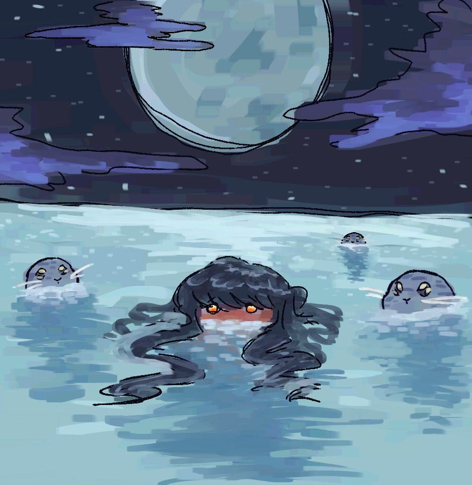 Digital art of a women's head emerging from the water with brown skin, black hair, and bright golden eyes. Heads of seals poke out of the water alongside her. She is framed by the dark night sky with a large full moon and clouds 