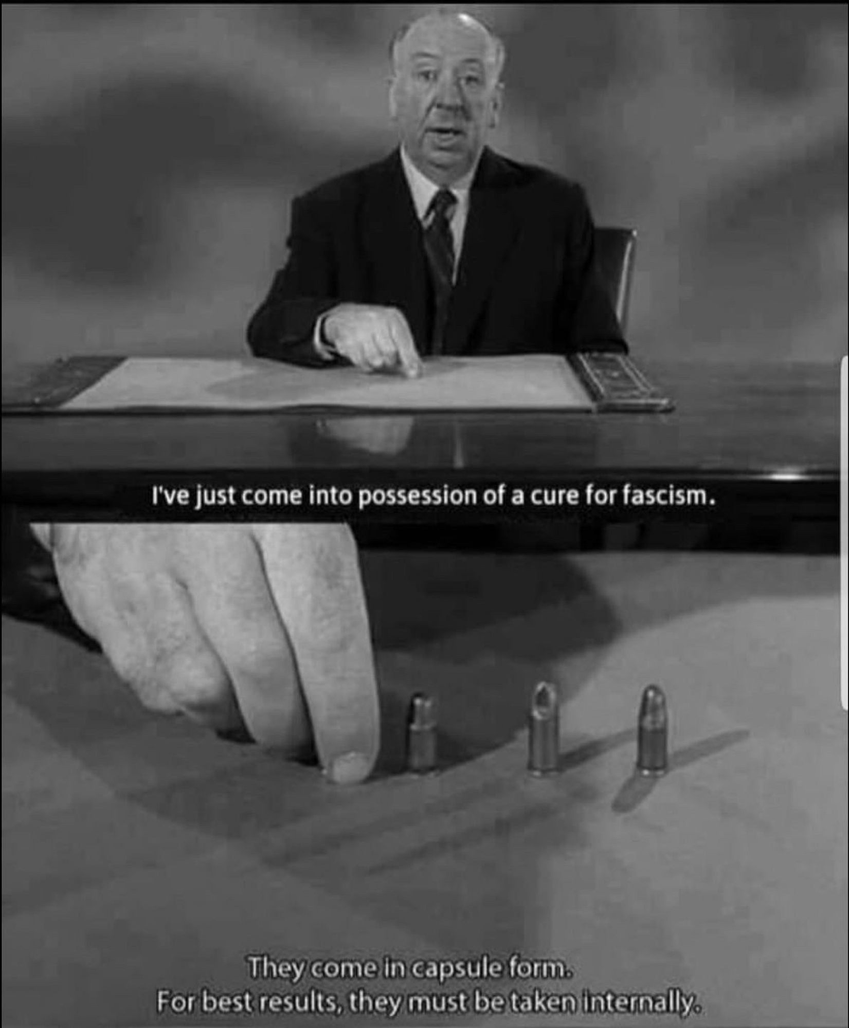 Alfred Hitchcock demonstrating how he would handle fascists