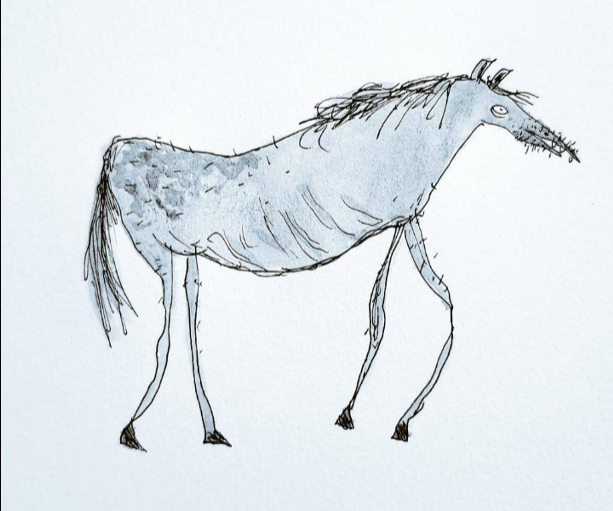 a child's horse drawing. it looks unwell and nervous.