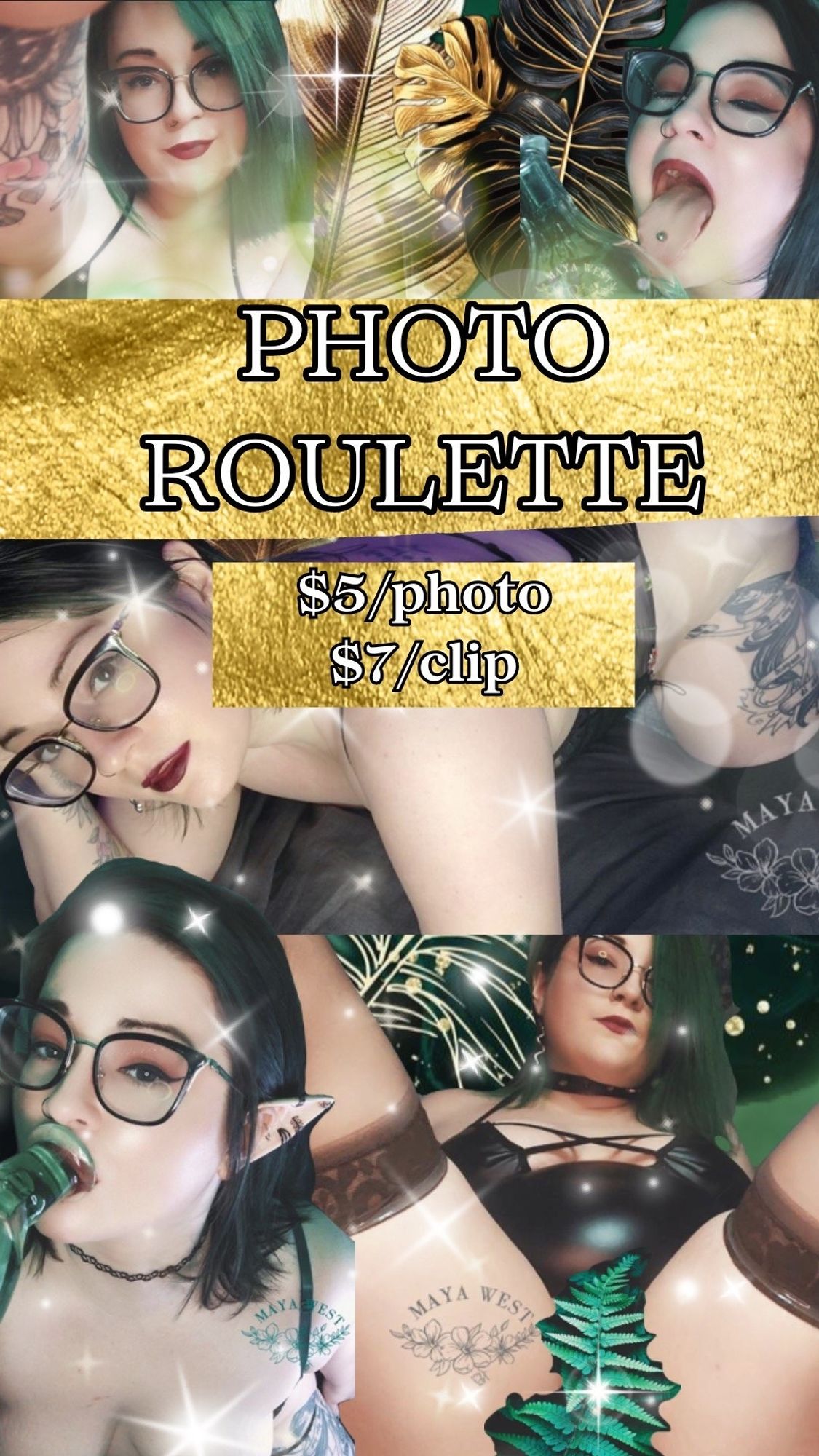 A poster/ collage of several of Maya's most popular photos. 

Text reads: Photo Roulette 
$5 per photo 
$7 per clip 


🖤🧡🖤
#bbw
#milf 
sale 
promotion