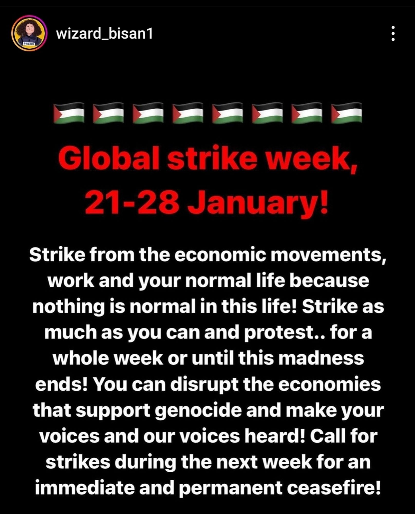 Screenshot of Wizard_bisan1 instagram
Palestine flag emojis across the top.
Red text reading: Global strike week, 21-28 January!
White text below it reading: Strike from the economic movements, work and your normal life because nothing is normal in this life! Strike as much as you can and protest.. for a whole week or until this madness ends! You can disrupt the economies that support genocide and make your voices and our voices heard! Call for strikes during the week for an immediate and permanent ceasefire!