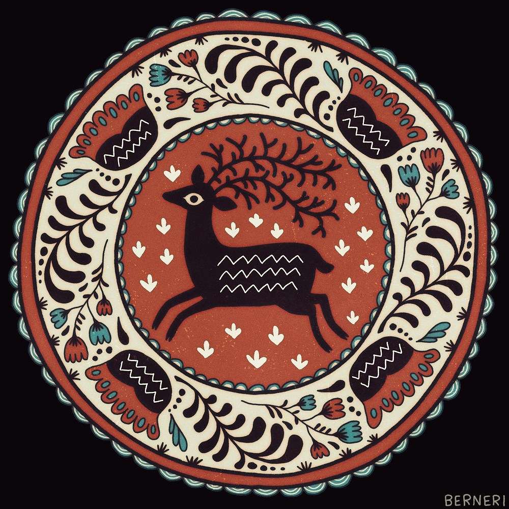 Stylized digital painting of an ornamental plate with blue and red floral patterns on the sides and black deer figure in the middle of it