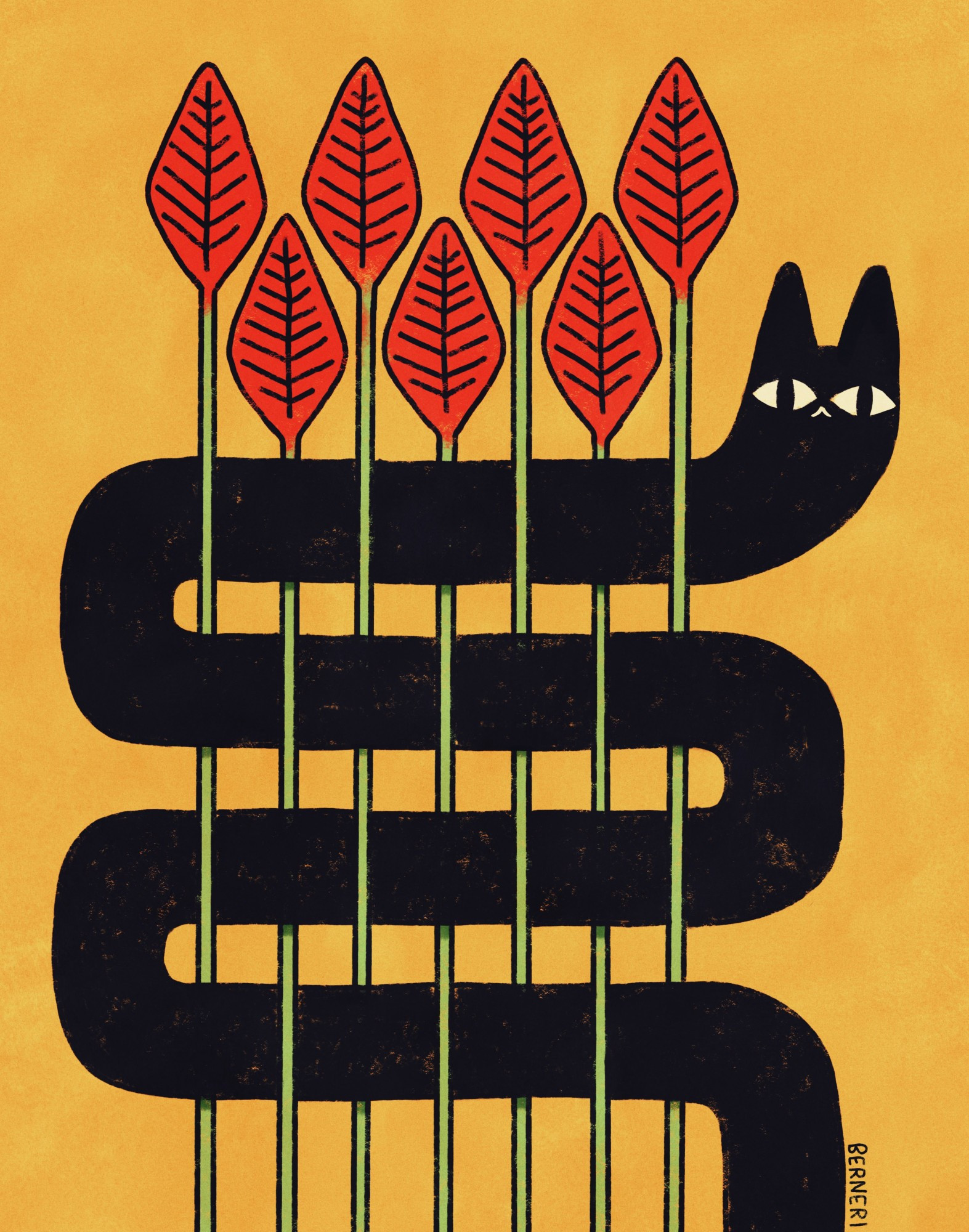 Drawing of a snake-like black cat or a cat with a very long neck threading between stems that all have one single red leaf at the end of them. Creature's expression is neutral and it has big white eyes looking at the viewer.