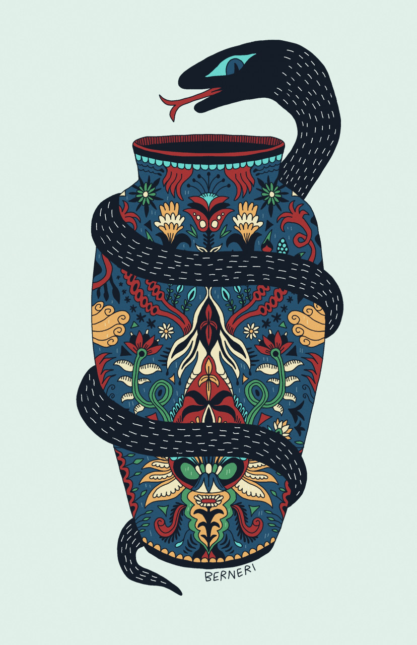 A drawing of a snake wrapped around a vase that has symmetrical colorful ornaments all around it. The animal is looking at the viewer and has mouth open to show its red tongue