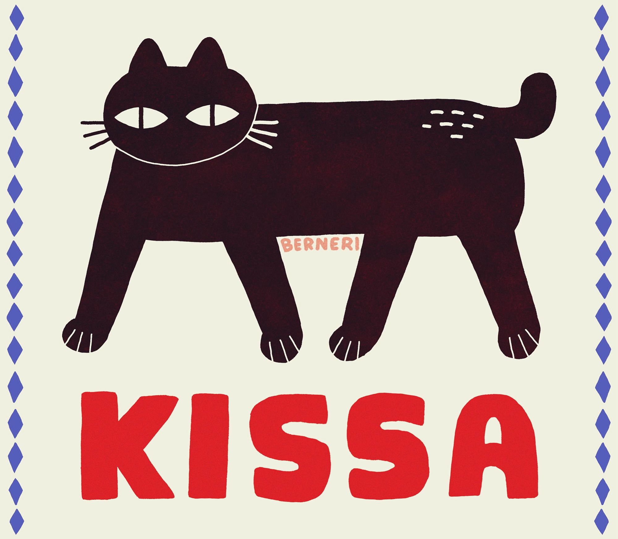 Drawing of a walking black cat that has big eyes with narrow pupils. There are blue diamond-shaped blue frames on the right and left sides of the canvas. Under the cat there is a big word "KISSA" with thick, red letters and that just means a cat in finnish.